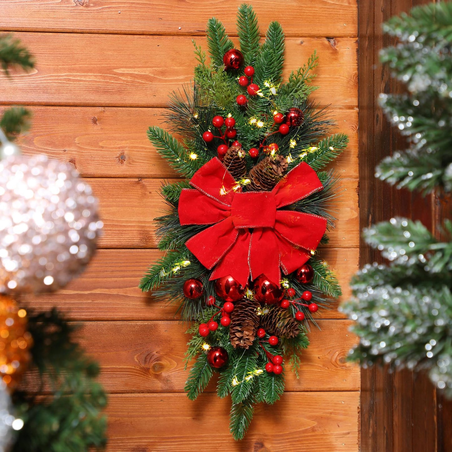 Lyrow 2 Pack Christmas Artificial Swags 24" Xmas The Cordless Prelit Stairway Swag Teardrop Trim Wreath Door Stair Garland Christmas Wreath for Outdoor Home Garden Decor (Red Ribbon)