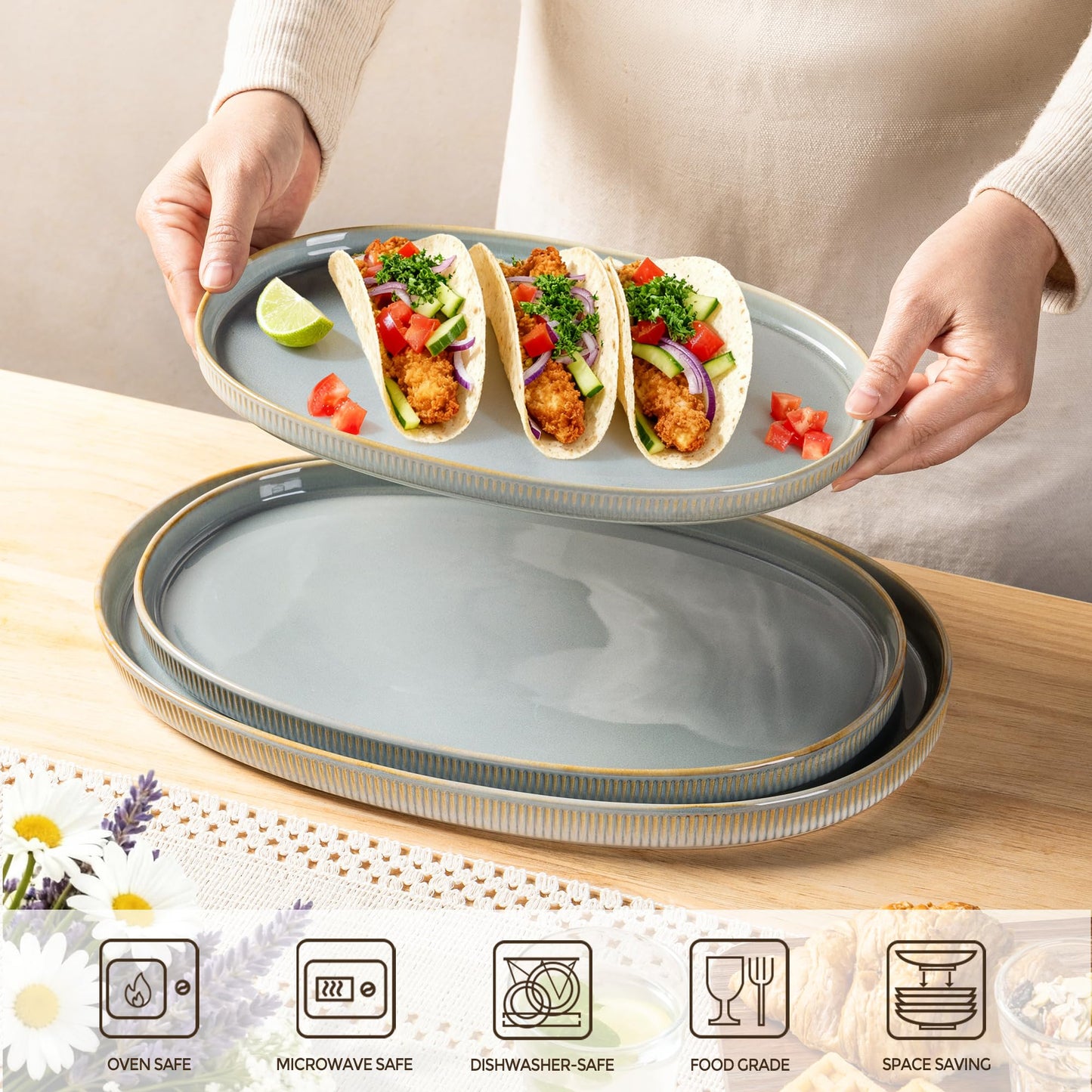 theterra Ceramic Serving Platter, 15.6"/14.4"/12.2" Oval Serving Dishes for Entertaining, Oven Safe, Microwave Safe, Serving Plates Set of 3 for Wedding, Party, Turkey, Desert Sage