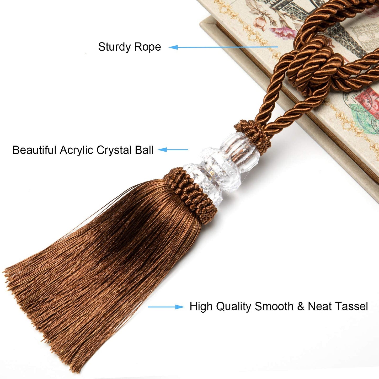 Fenghuangwu Tassel Curtain Tiebacks Handmade Curtain Tie Backs, Elegant Crystal Curtain Holdbacks for Home Office Decor (Coffee, 2P)