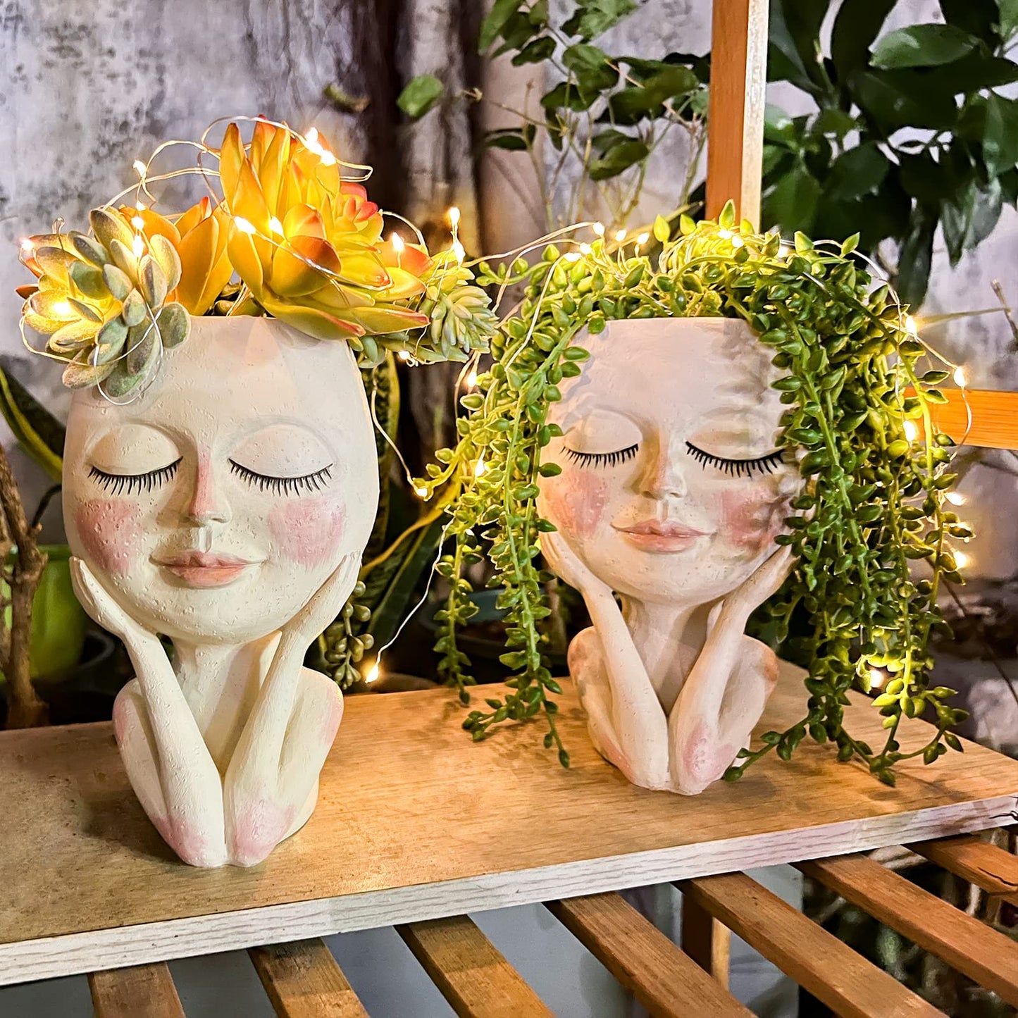 ASDFG Solar-Face Flower Pot Head Planter Pots - LED String Lights Warterproof Resin Succulent Cactus Planters Pots with Drainage Hole Cute Lady Closed Eyes Indoor Outdoor Garden Decor (Large)