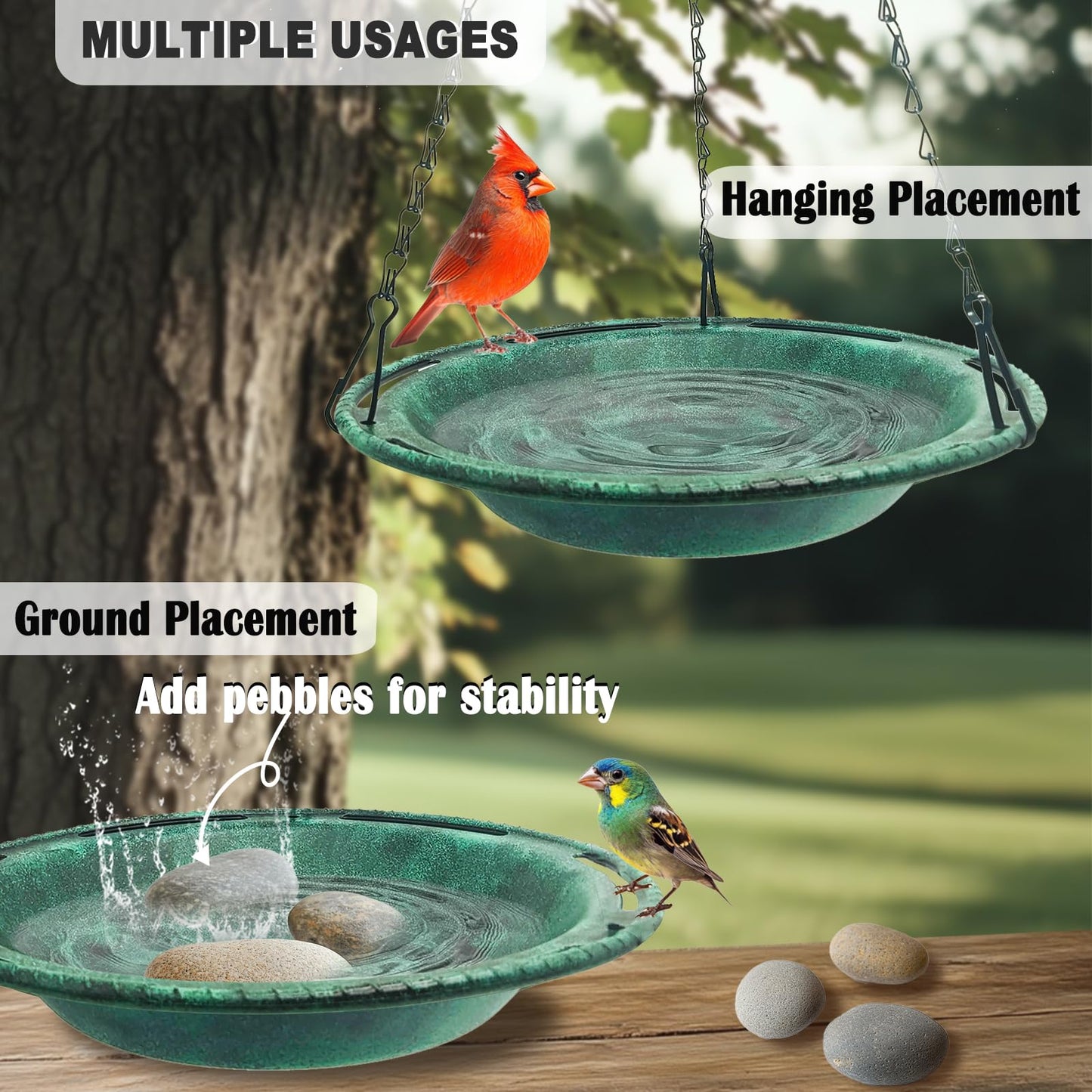 VIHSIPR Hanging Bird Bath & Feeder Bowl, 12 in Outdoor Bird Bath with Chains, Backyard Garden Decor, Durable Weather-Resistant PP, Antique Green – 1 Pack