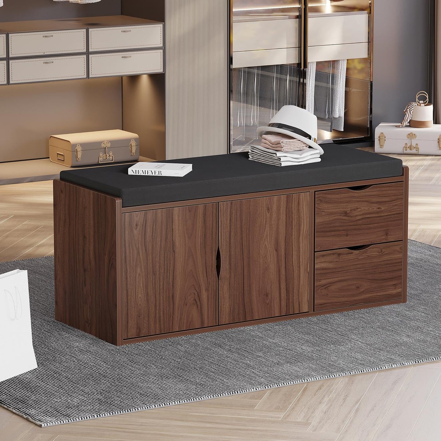 LVB 40” Entryway Storage Bench with Padded Seat Cushion, Wood Hidden Shoe Organizer Bench with 2 Drawers Cabinet, Industrial Shoe Bench for Foyer Entrance Living Bedroom, Walnut Oak, 40 inch