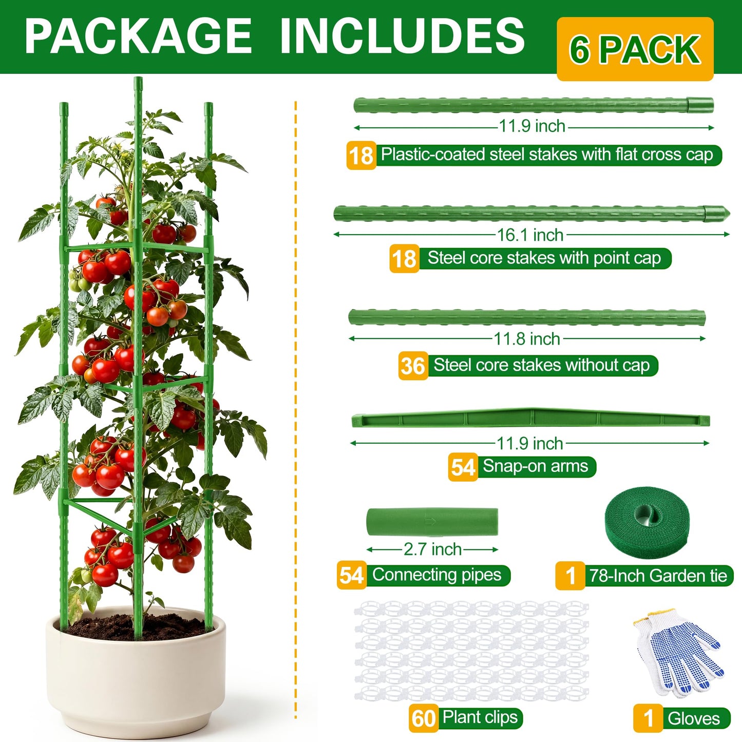 WAENLIR 6 Pack Tomato Cages for Garden, Up to 51 Inch Tomato Trellis for Raised Garden Bed, Plant Stakes for Pots, Durable Tomato Plant Support Garden Stakes for Climbing Plants