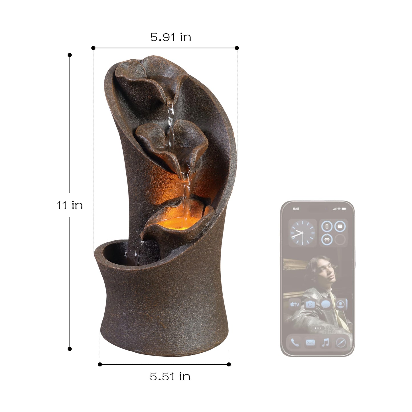 Kalona Tabletop Waterfall Fountain, 3-Tier Indoor Water Fountain for Home Office Decor, Relaxing LED Fountains with Artistic Stone-Look Design for Meditation (23005)