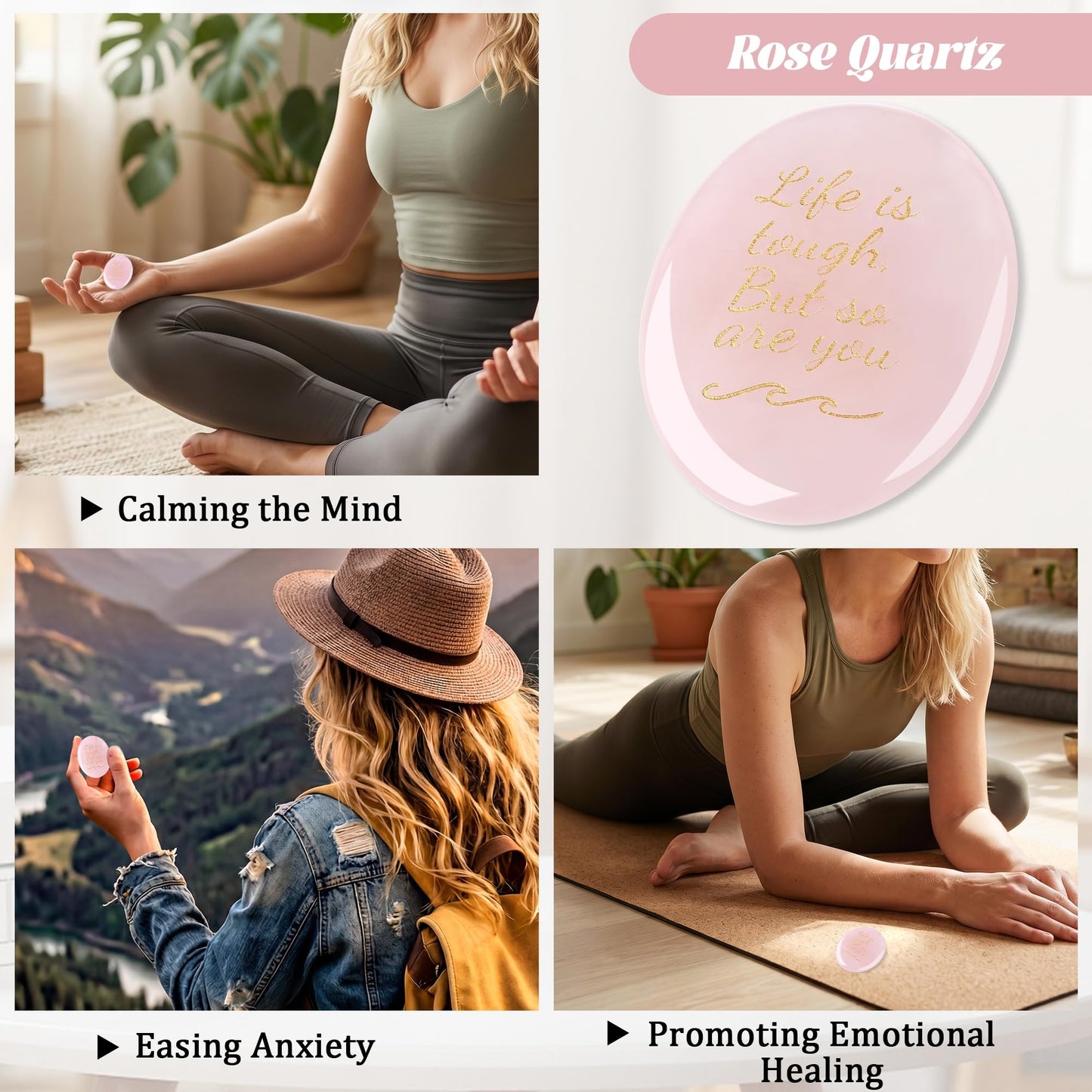 NUKAYAI Inspirational Gifts Worry Stone Rose Quartz Crystals Healing Stones Tiny Palm Natural Mental Health Stress Relief Depression Gemstones Reiki Fidget Trinket Anxiety Relief Items for Women Men