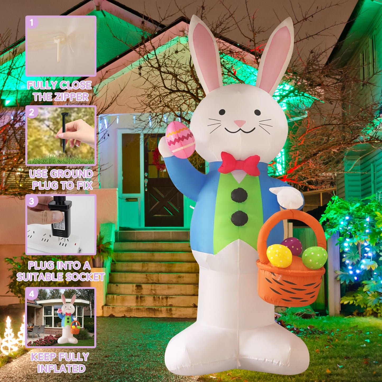 InfleasJoiy 12FT Bunny Basket Easter Inflatable Decoration with Built-in LED Lights for Holiday Celebration Decorations on Yards, Lawns and Patios