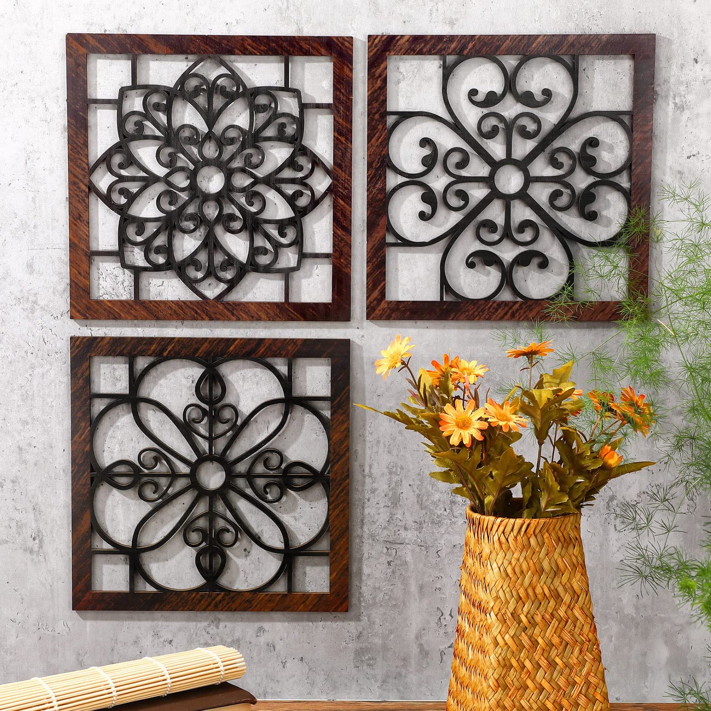 Yulejo 4 Piece Thicken Rustic Wall Decor - Wooden Hollow Carved Design Rustic Wall Art for Living Room, Bedroom, Hallway, Office, Kitchen (Brown, Black)