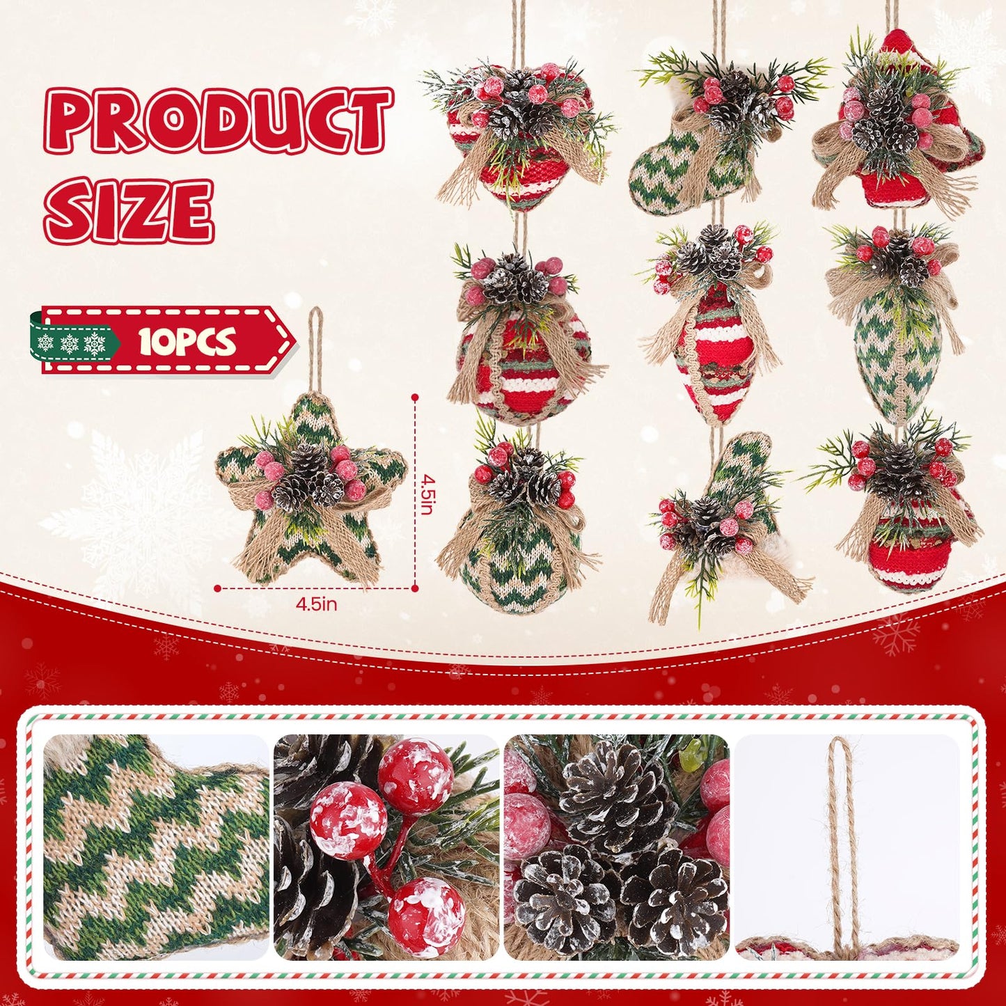 10PCS Rustic Christmas Ornaments, Burlap Balls with Pine Cones and Red Berries, Farmhouse Christmas Tree Ornaments for Holiday Decor Christmas Tree Decorations (Rustic Style)