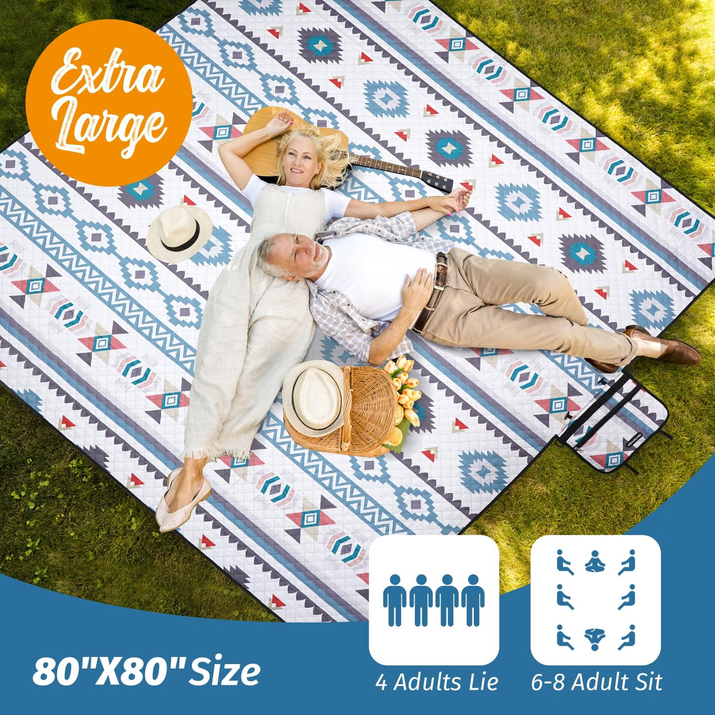 WICKERLAND Picnic Blankets Extra Large - Beach Blanket Waterproof Sandproof with Shoulder Strap, Machine Washable, Outdoor Blanket with Stakes for Grass Concert, Park, Lawn,Travel,Spring Summer. Navy