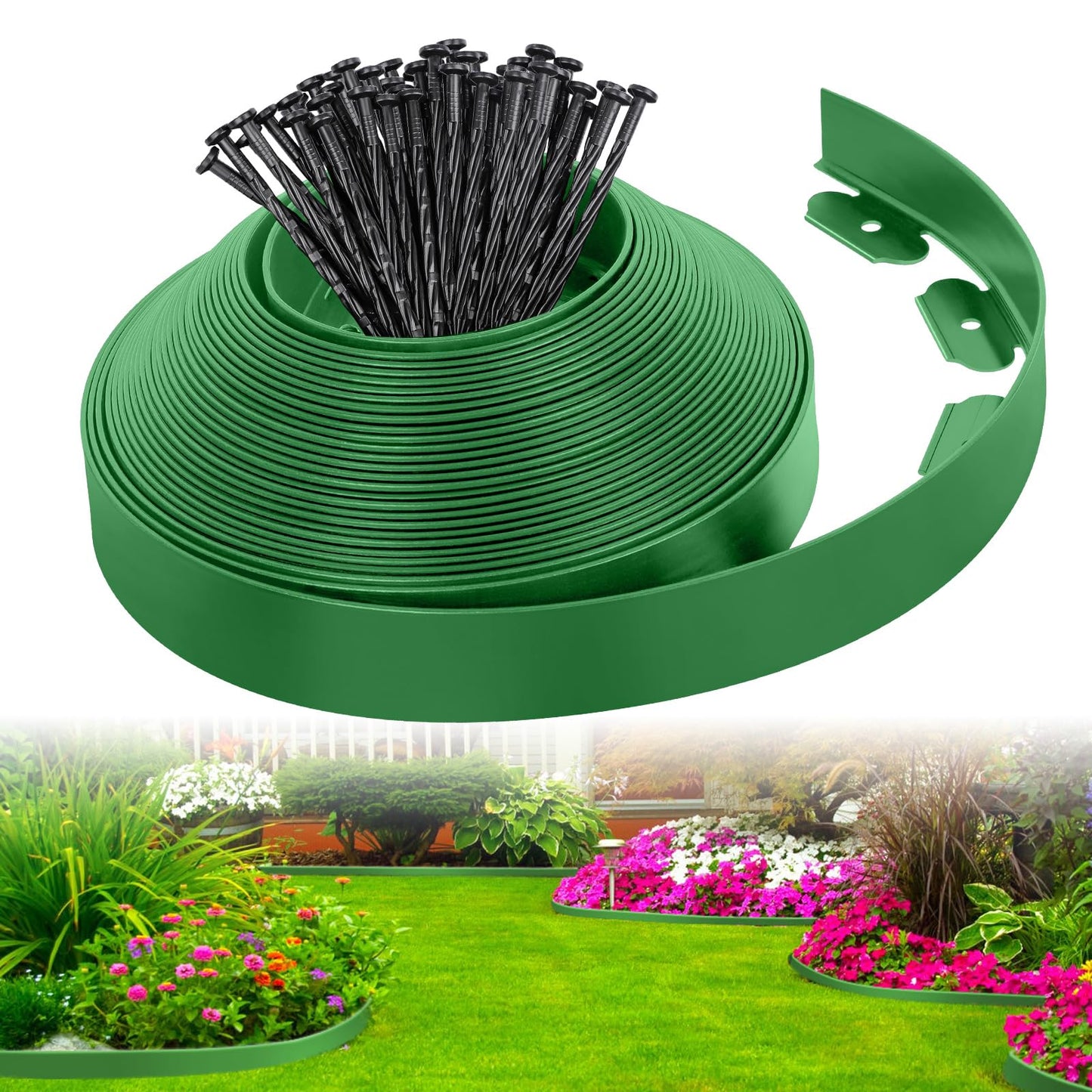 2-Inch x 33 FT Landscape Edging Border with 50 Spikes, Garden Edging Lawn Edging Border Kit, Plastic Edging Border Flexible for Garden Flower Beds Lawn Yard Pathway (Green)