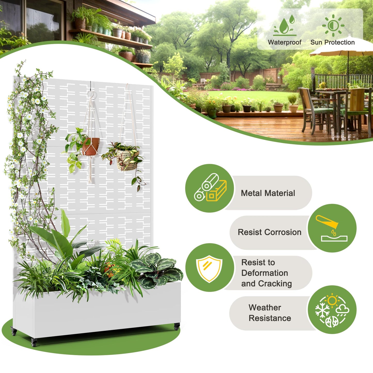 FENCY Metal Raised Garden Bed with Wheels and Trellis,73"x47"x16" Planter Box for Climbing Plants, Vegetables & Vines, Features Privacy Screen and Drainage Holes (White-Brick)