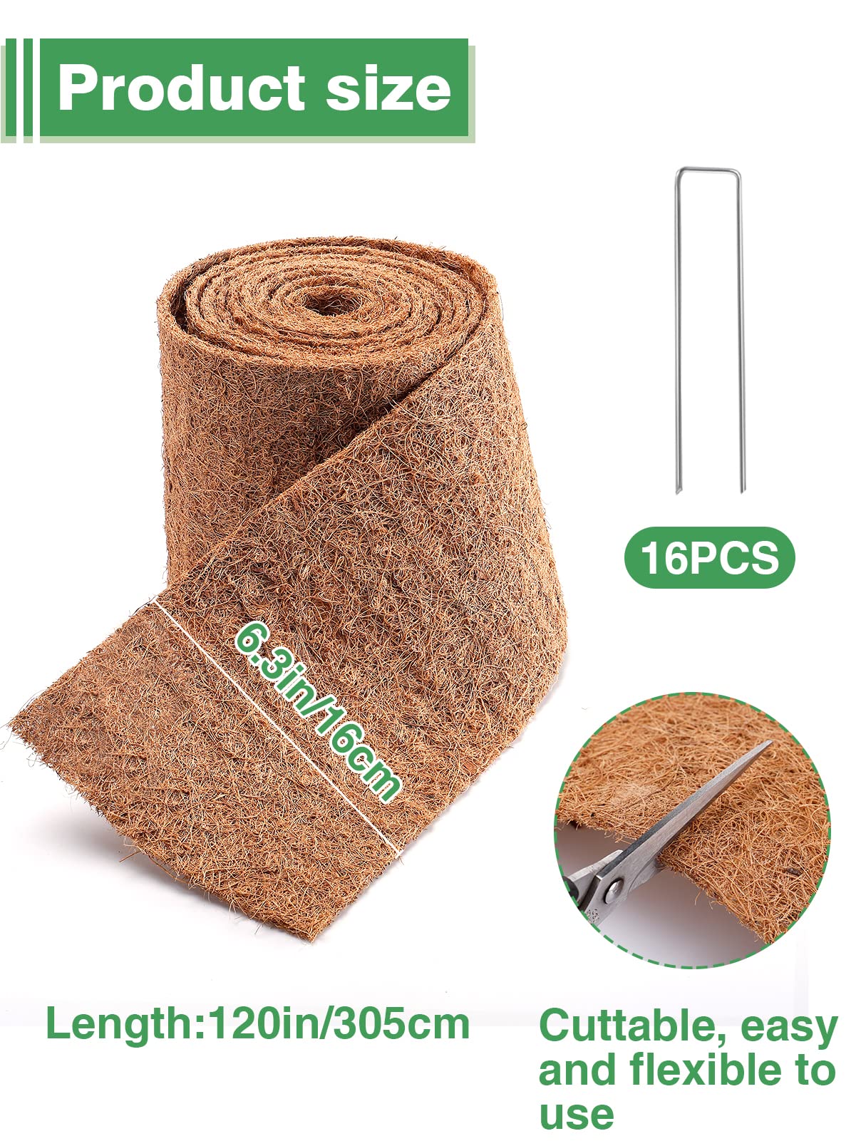 Natural Mulch Roll for Landscaping- 120" x 6.3" Weed Barrier Coconut Fiber Mat with 16 U-Shaped Steel Stakes, Thick Garden Border Edging for Plants, Flowers, Lawns, Vegetables