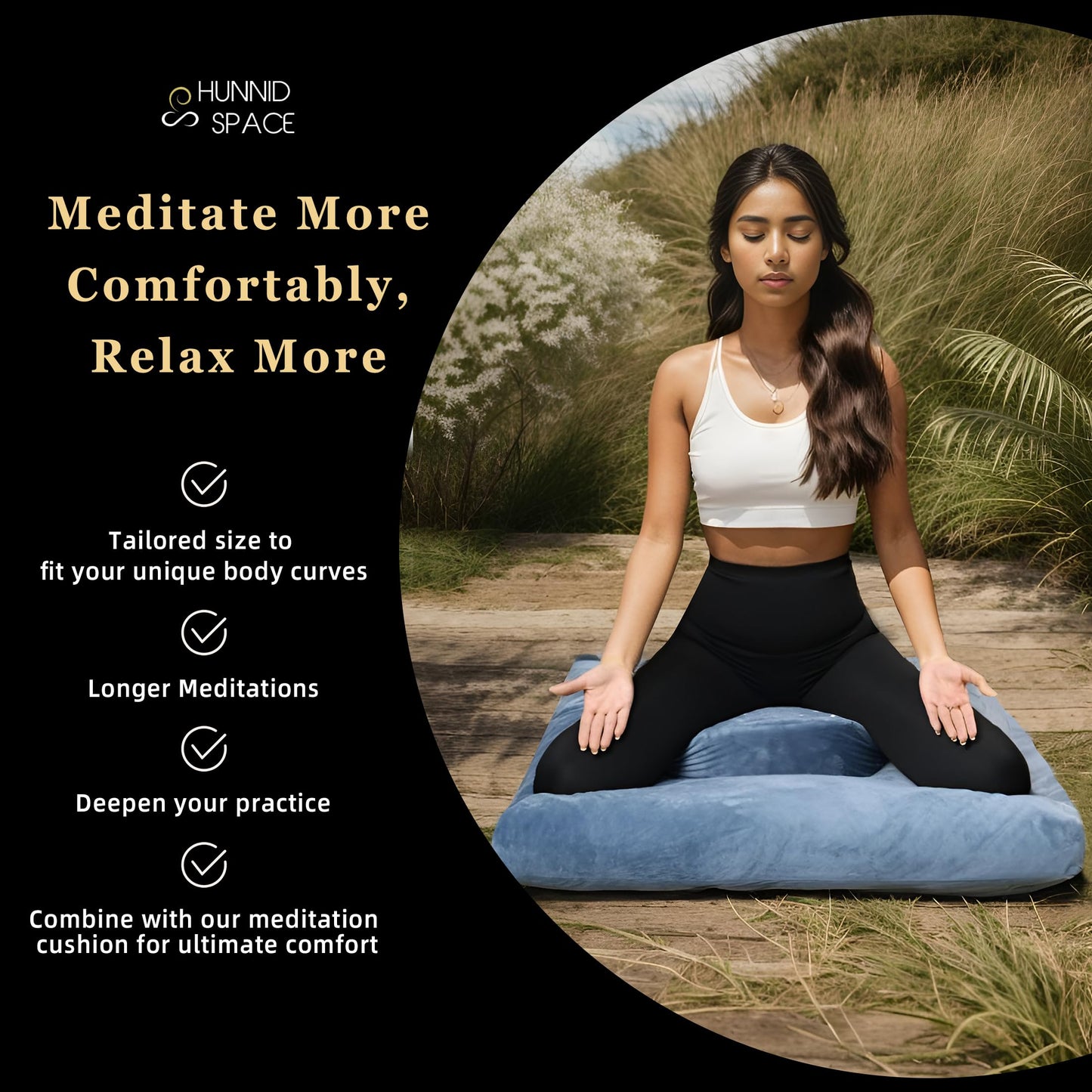 hunnidspace Meditation Cushion Set Zafu & Zabuton – Buckwheat Hull & Memory Foam, Adjustable Floor Pillow for Yoga, Meditation & Sitting, Removable Velvet Cover (Navy Blue)