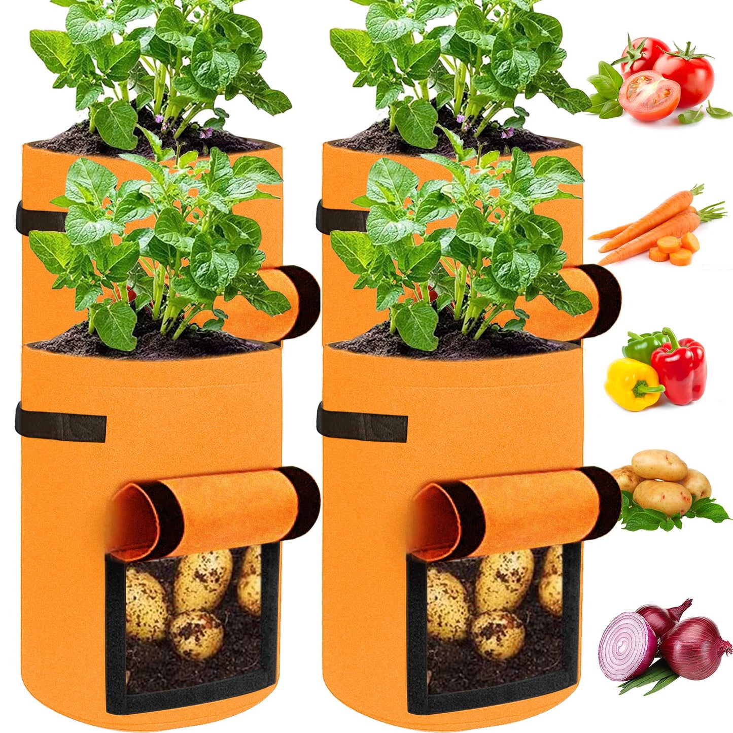 JJGoo 4 Pack Potato Grow Bags 10 Gallon with Flap, Heavy Duty Fabric with Handle and Harvest Window, Non-Woven Planter Pot Plant Garden Bags to Grow Vegetables Tomato, Orange