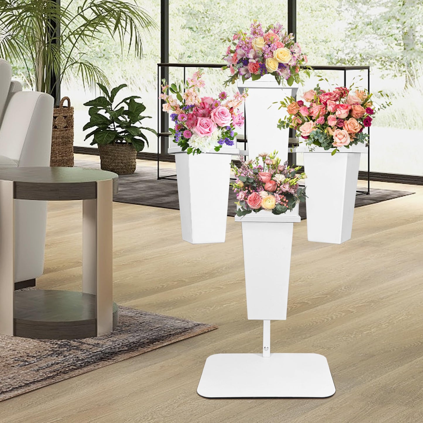 PROLEE Flower Display Stand with Buckets, Wedding Flower Cart Display Stand with Wheels,Flower Stand for Wedding Party, Events and Garden Decor (White)