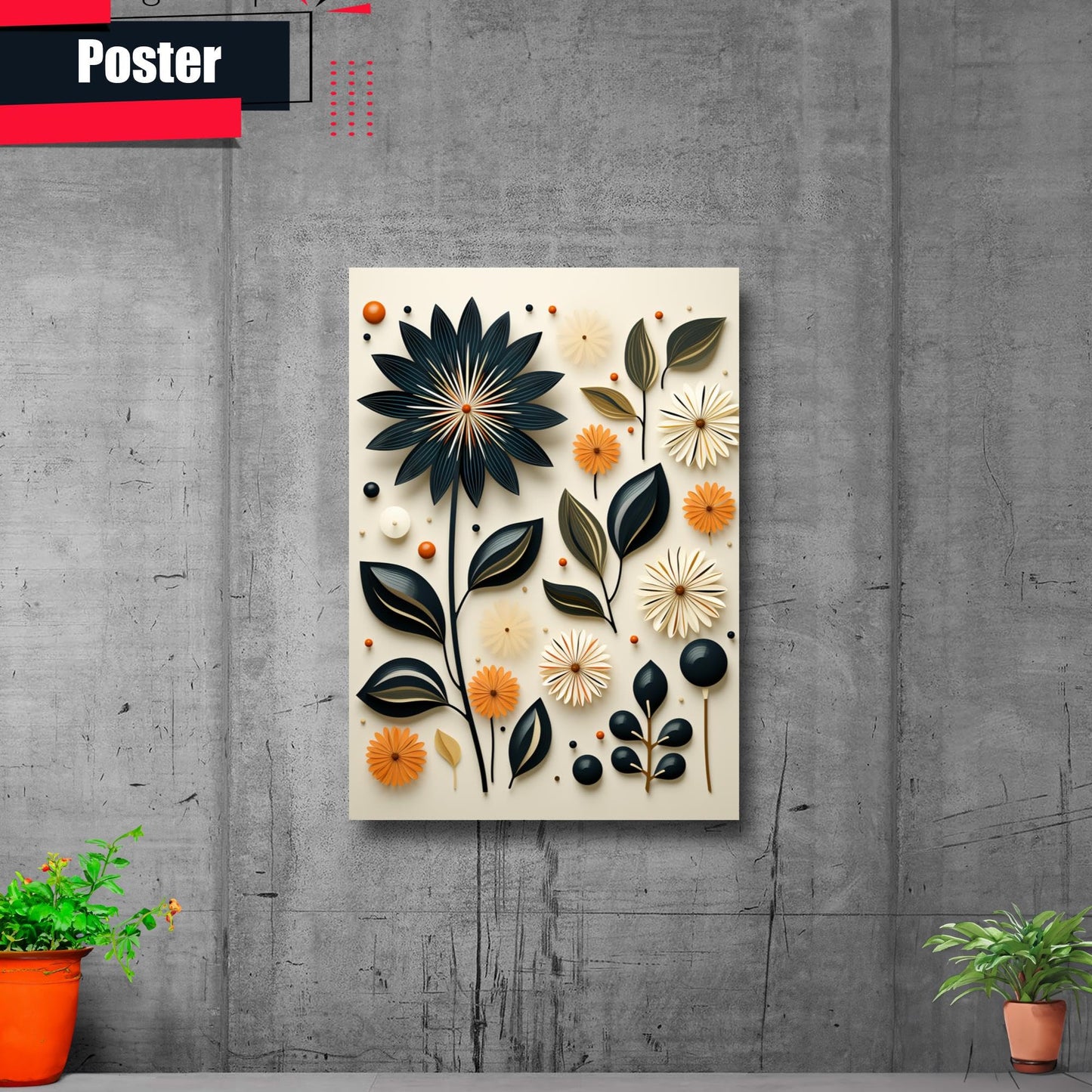Scandinavian Folk Art, Black and Beige Abstract Botanical Wall Art for Scandinavian Home Decor, Decor Poster, Art Print