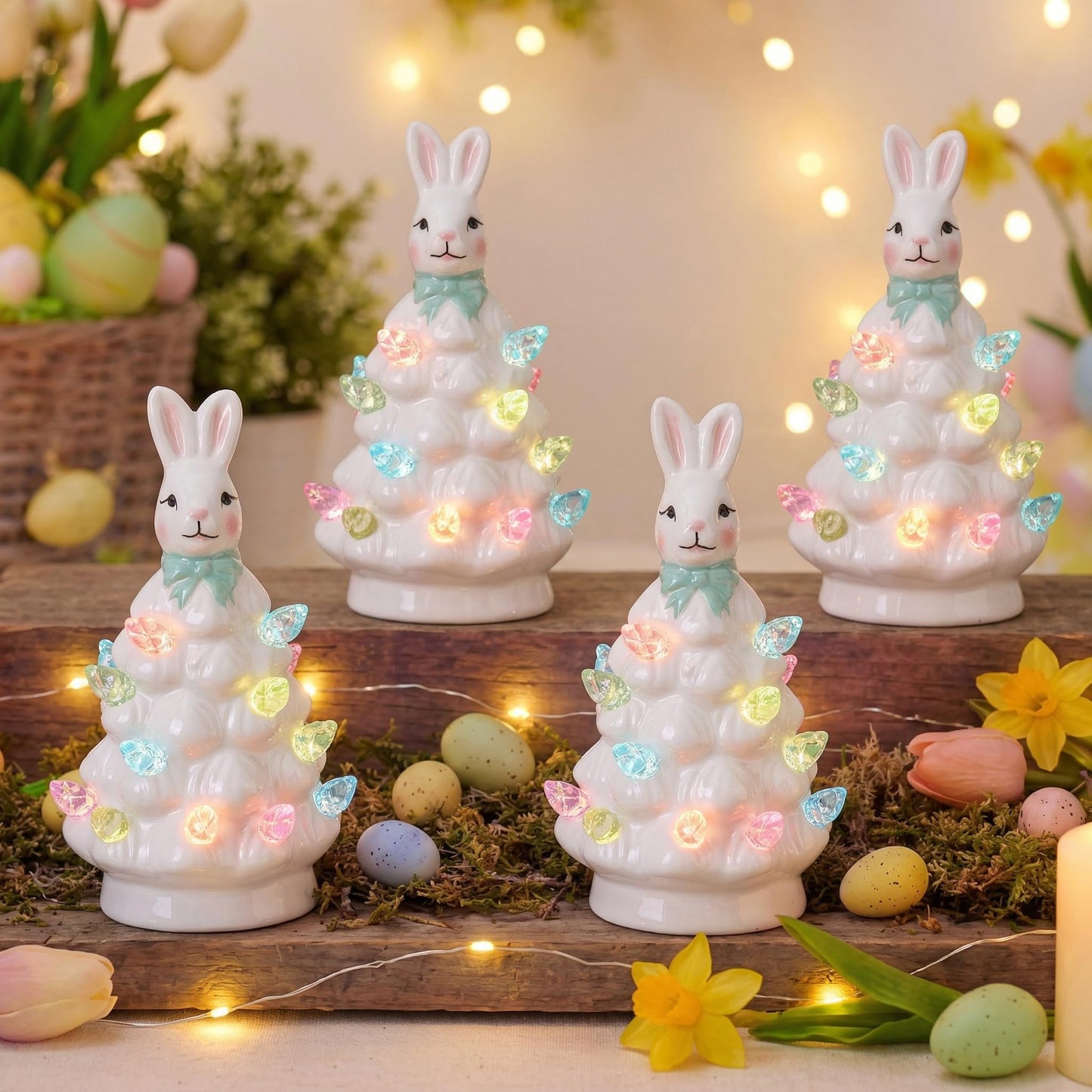 Leinuosen 6 Set Mini 4 Inch Easter Bunny Ceramic Tabletop Tree with LED Lights Easter Bunny Hanging Light up Hanging Ornaments Pre Lit Hand Painted for Table Home Office Holiday Decorations