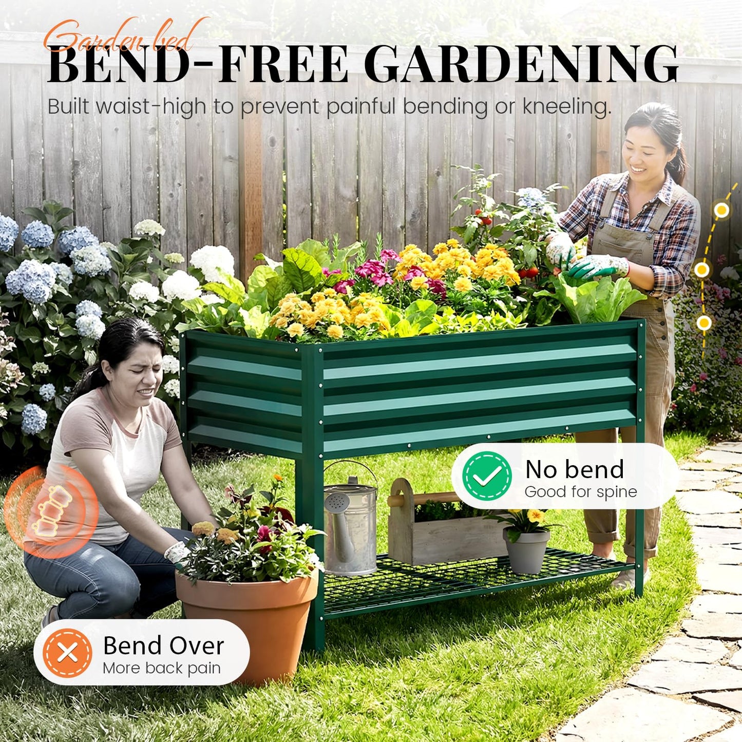 KING BIRD Large Raised Garden Bed with Legs & Storage Shelf Galvanized Elevated Planter Box for Backyard, Patio, Balcony, 400lb Capacity, Green 48×24×31.5 in