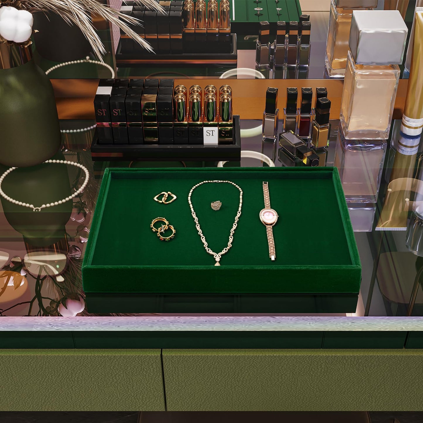 Papten Green Velvet Jewelry Trays Stackable Jewelry Drawer Organizer Tray for Necklace Bracelets Rings Storage Display