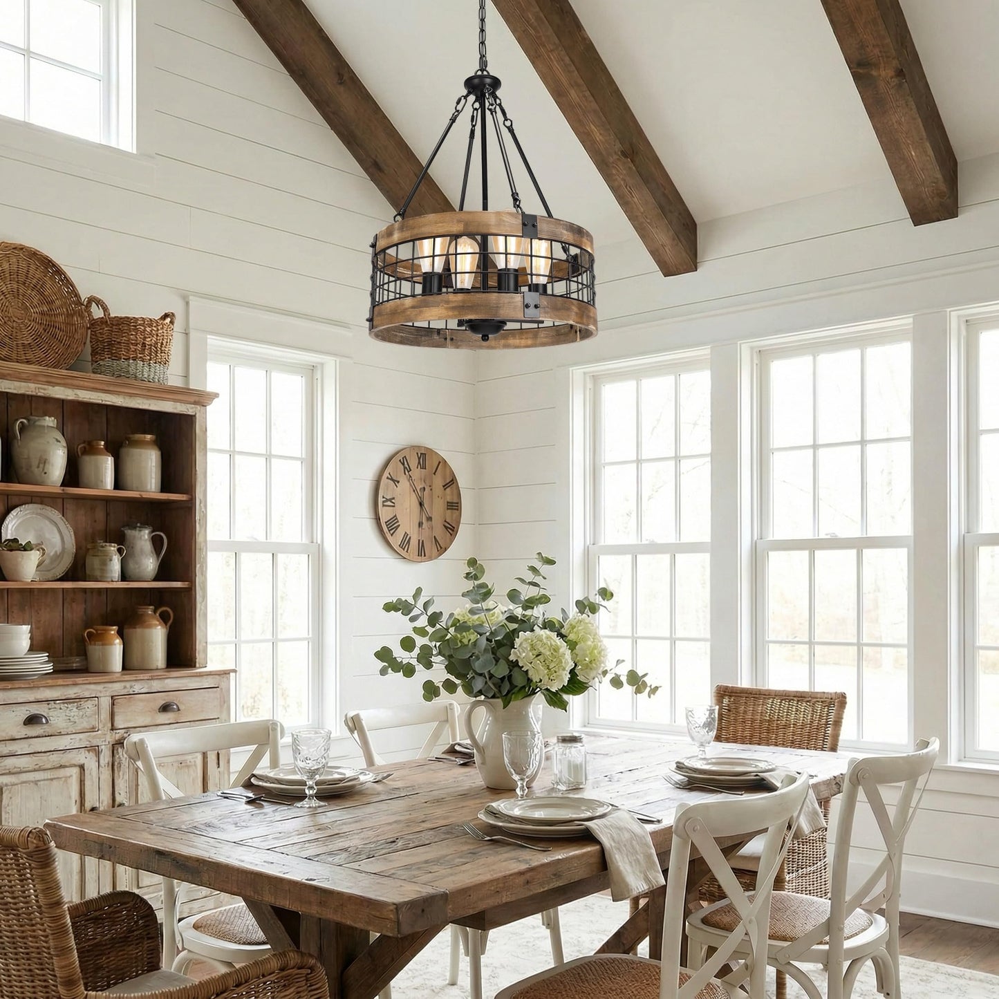 4-Light Rustic Chandelier for Entryway, Round Farmhouse Light Fixtures for Dining Room, Industrial Drum Hanging Pendant Lighting for Kitchen Island, Nature Wood Texture and Black Metal Finish