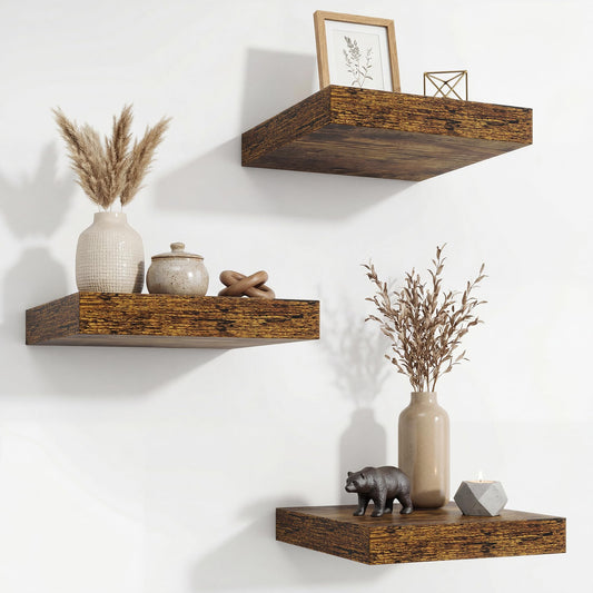 Floating Shelves for Wall 9 Inch,9.3" Deep Square Floating Shelf Set of 3,Wall Shelves Hanging Shelf with Invisible Brackets,Wall Mounted Shelf for Kitchen Living Room Bedroom Bathroom,Rustich Brown