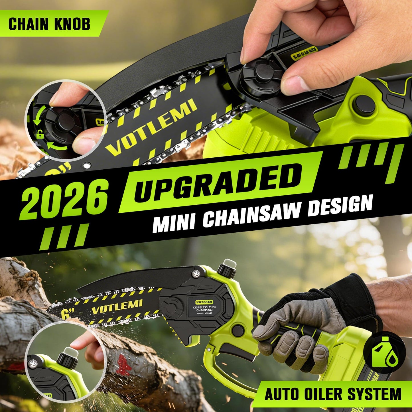 VOTLEMI Mini Chainsaw Cordless, 6 Inch Electric Chainsaw with 2000MAH Battery, 1000W Handheld Battery Powered Chain Saw with Auto Oiler, Gifts for Wood Cutting/Tree Trimming