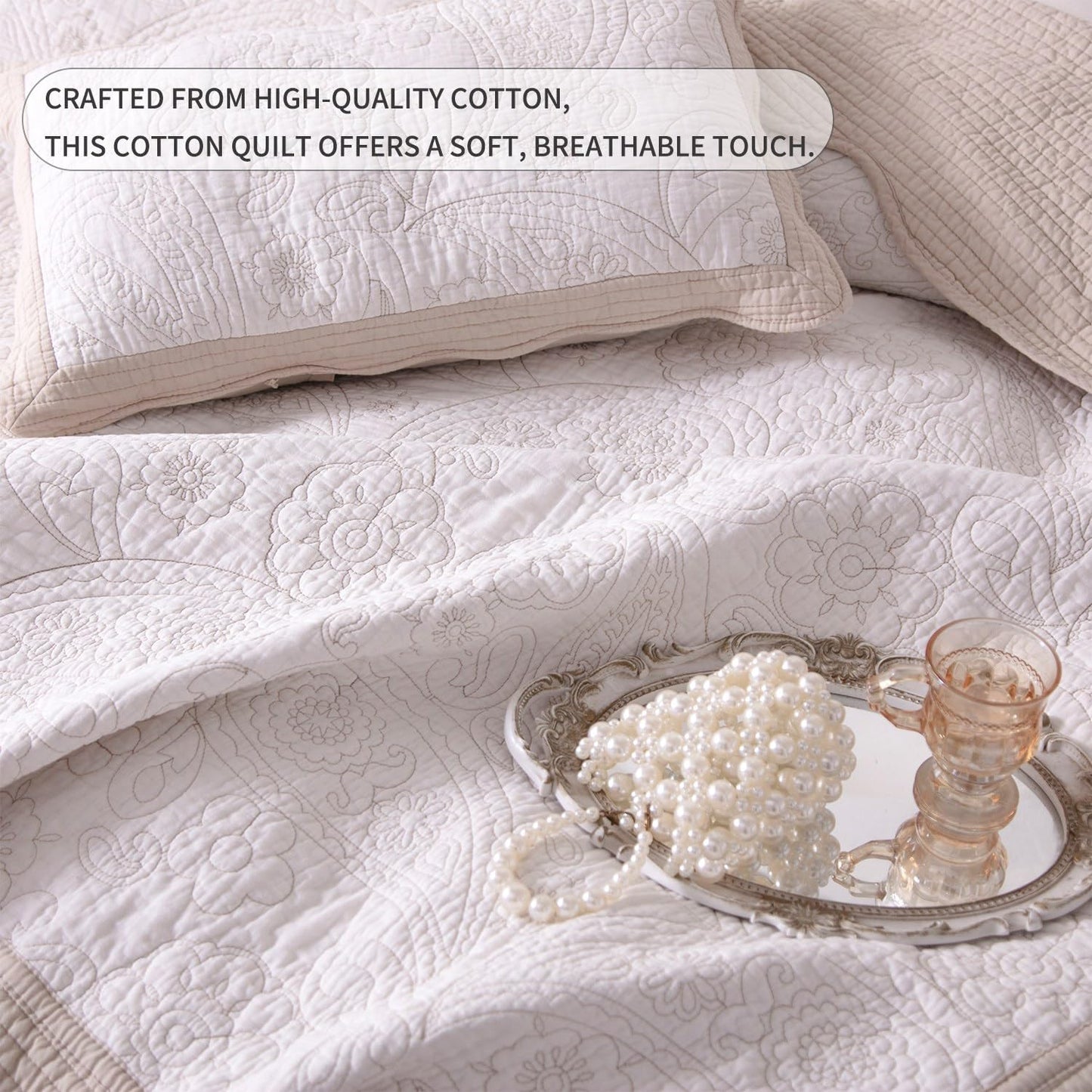 BOV Queen Quilt Bedding Set - Cotton Full Size Quilt Set with 2 Pillow Shams, Lightweight Bedspread Coverlet Queen Size Quilts for Bed Set, All Season Floral Embroidery 96"X92" Light Beige Ivory