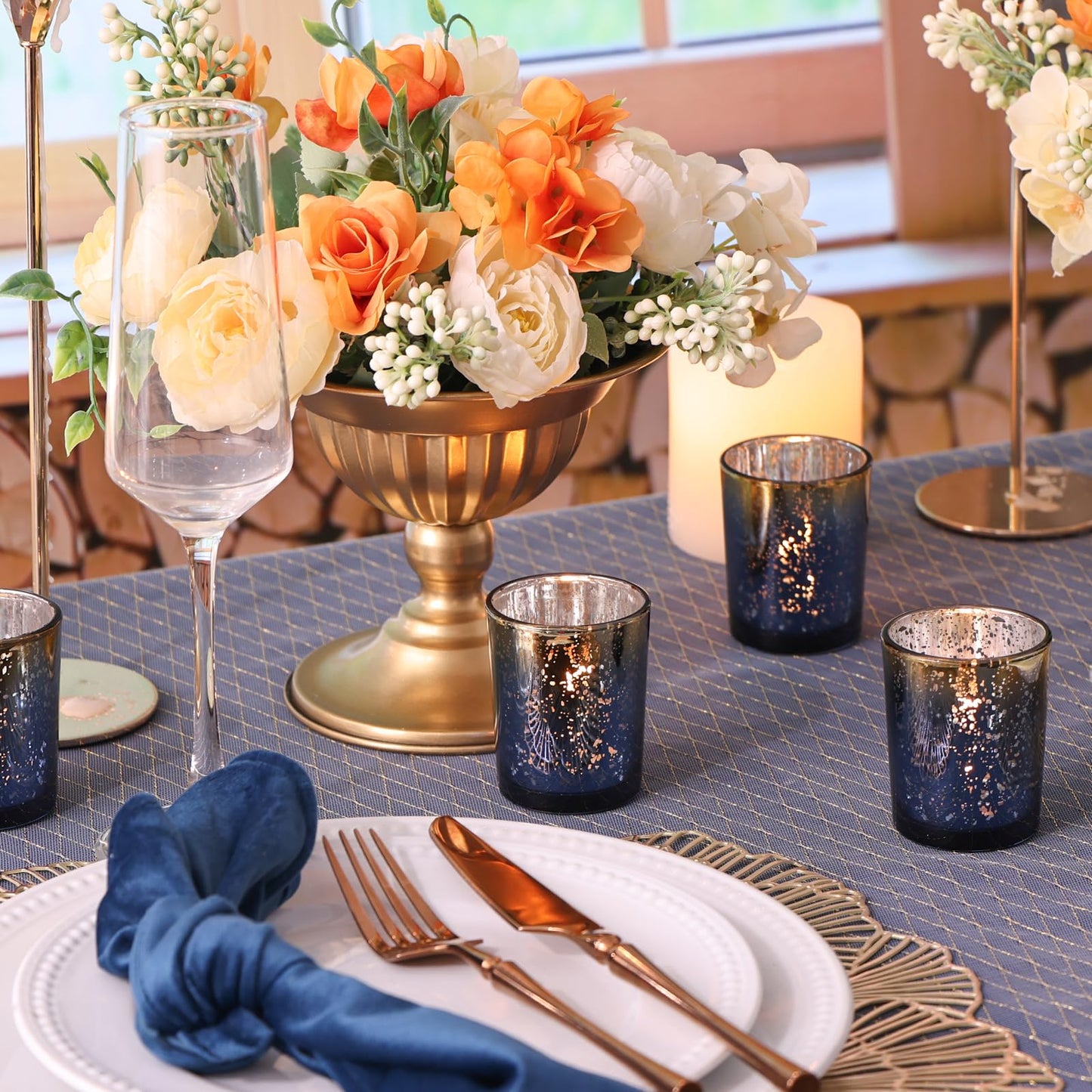Volens Navy Votive Candle Holders Set of 12, Speckles Mercury Glass Tealight Candle Holder Bulk for Table Wedding Centerpiece, Navy Blue and Gold Themed Party Decorative & Home Decor