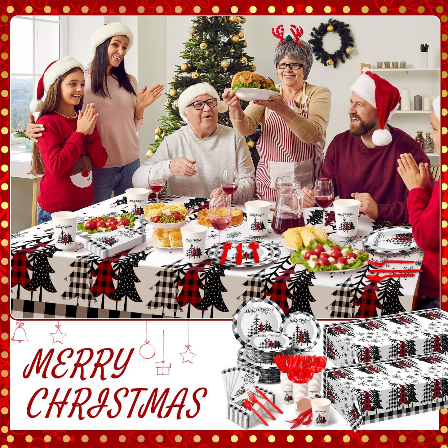 Dandat 402 Pcs Disposable Party Supplies - Christmas Plates Napkins Cups Tablecloth for Holiday Xmas (Black White, Christmas Tree)