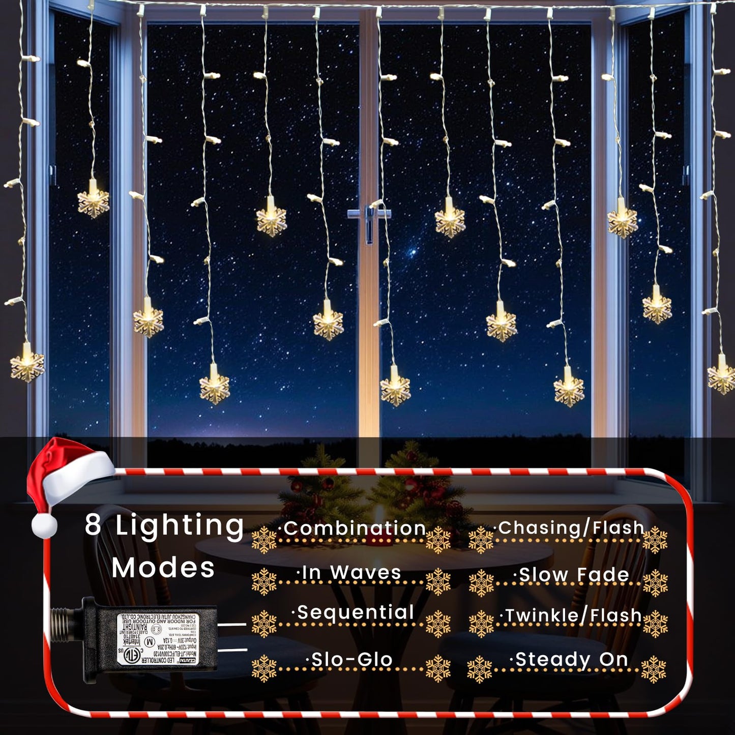 Icicle Lights for Outside 180 Clear Warm White 5MM Led 26.4ft White Wire Snowflake with 8 Mode Function Curtain String Lights Indoor Warm White and Outdoor for roof Patio Garden Bedroom (Remote)