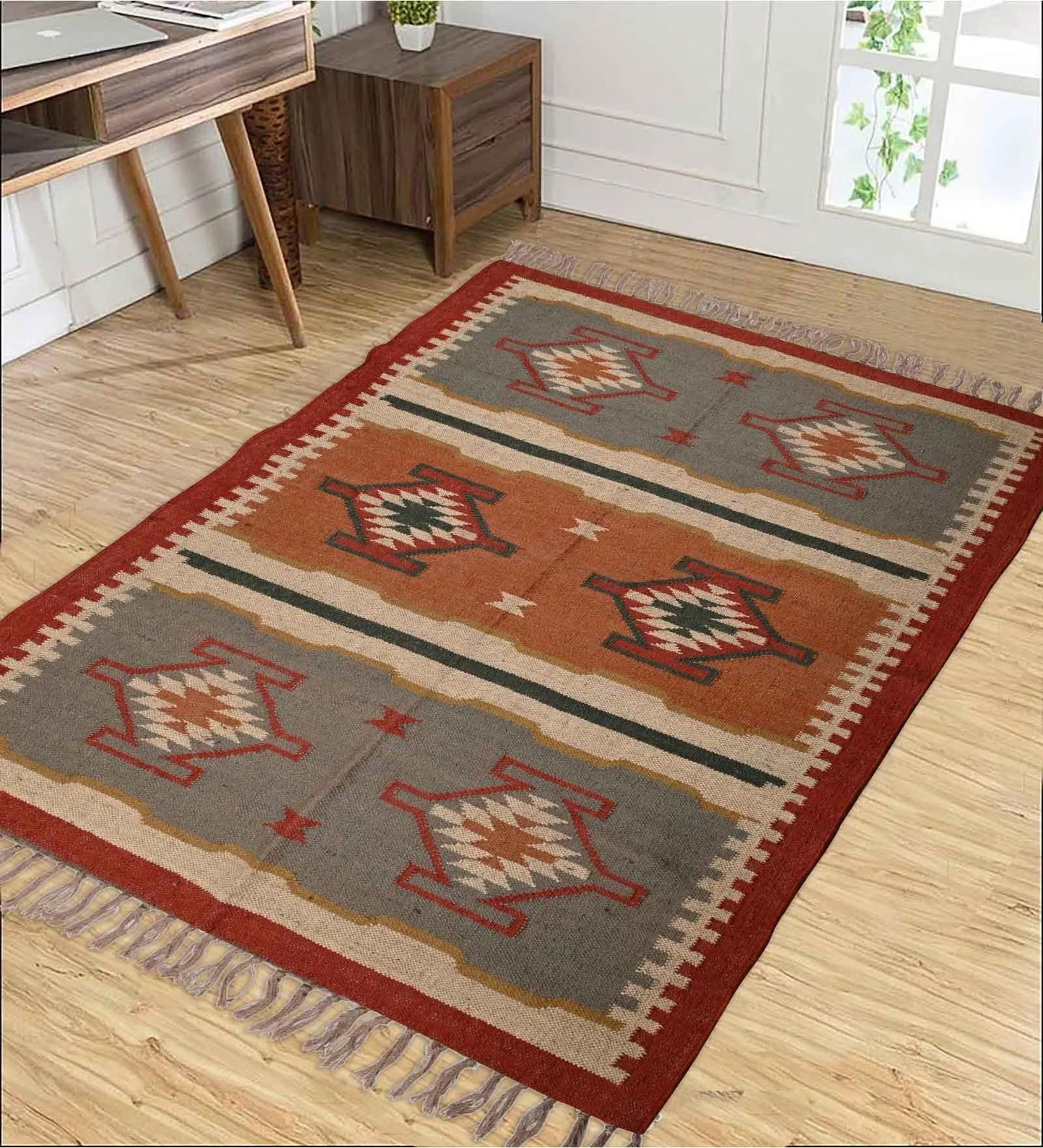 RugsJaipurIndia Geometric Kilim Rug Wool Jute Area Rug Kilim Dhurrie Handwoven Braided Entryway Runner Rug Farmhouse Kitchen Rug, Multicolor 3X5