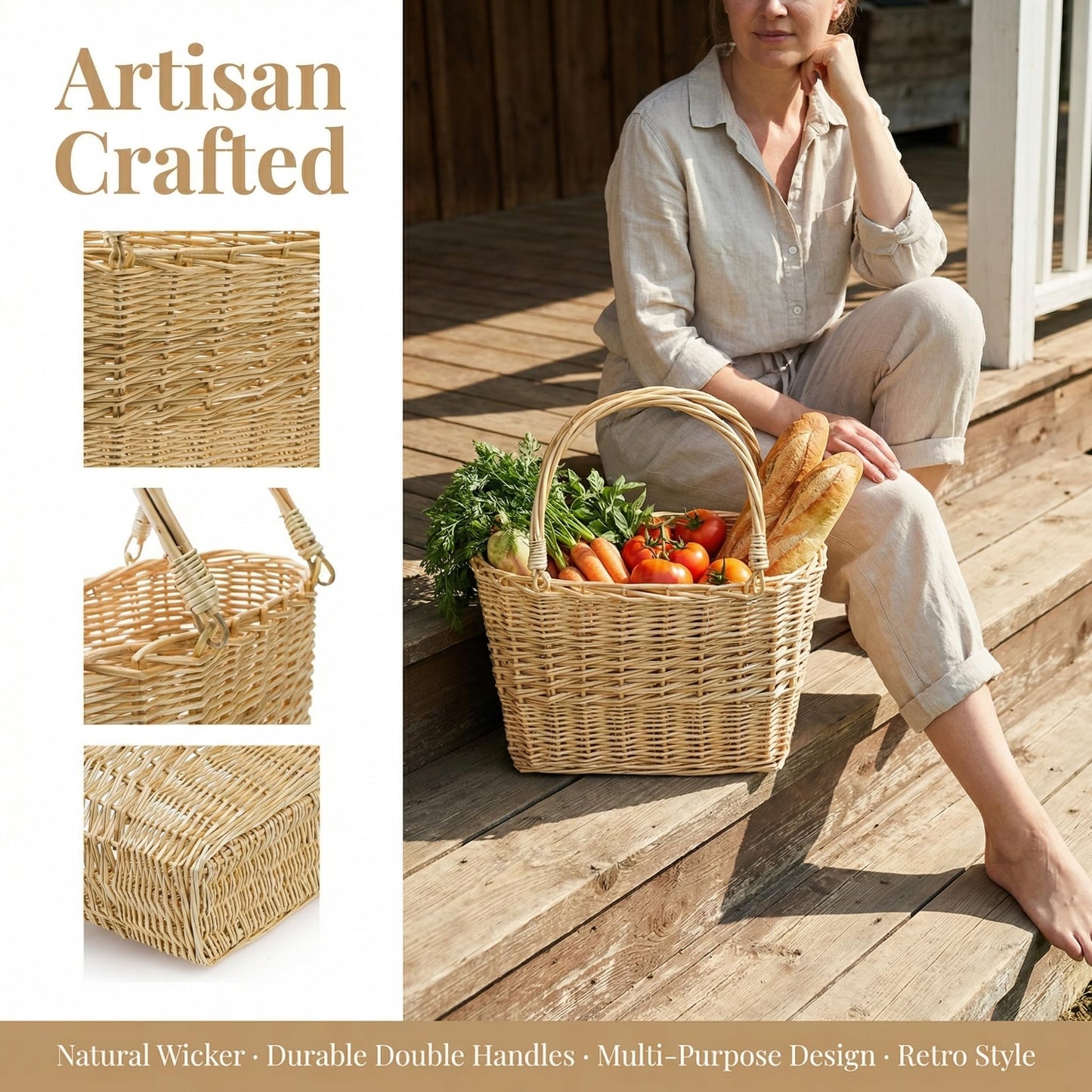 ZEAYEA Wicker Picnic Basket with Handle, Oval Woven Willow Basket, Wicker Storage Gift Basket for Easter, Halloween, Christmas, Egg and Flower Gathering
