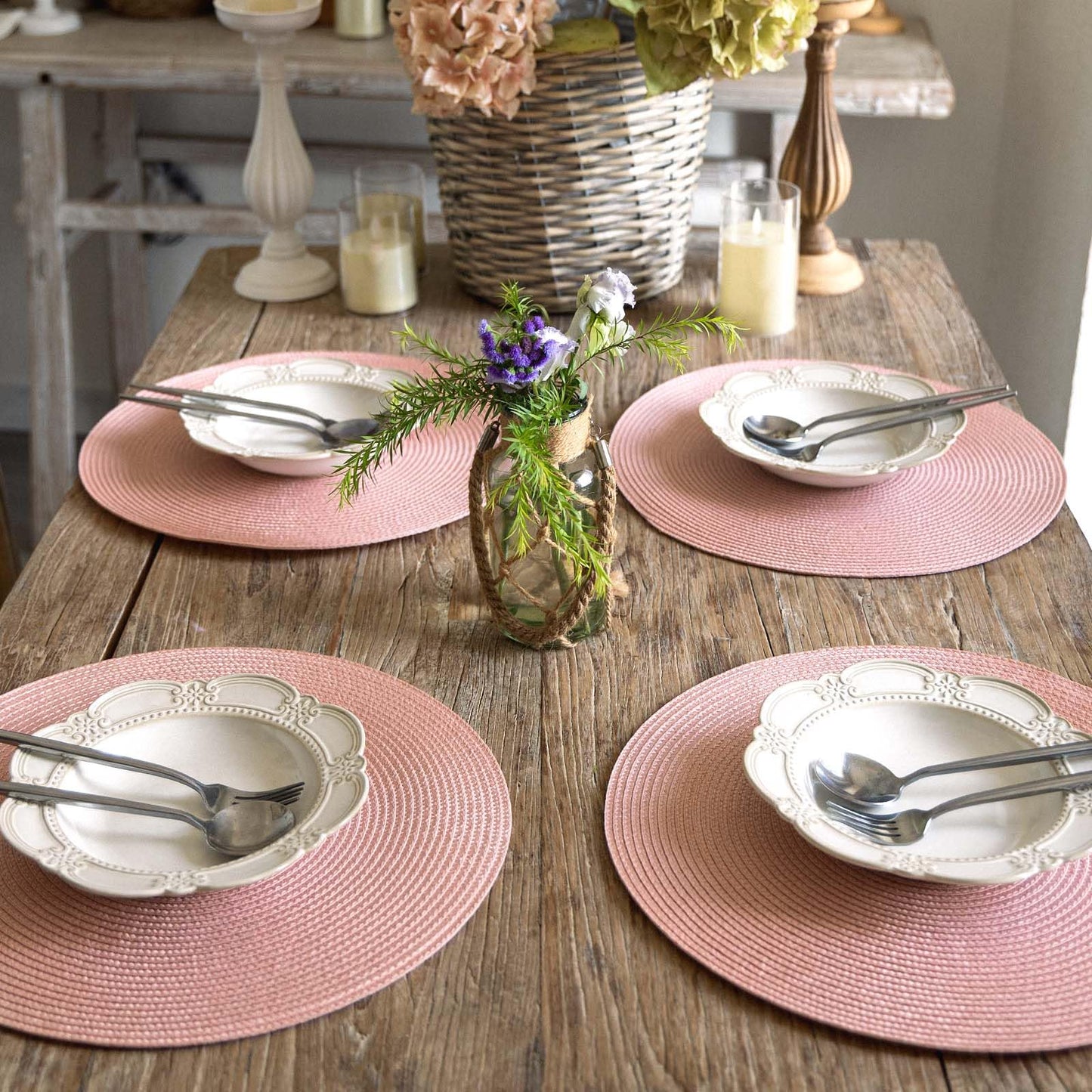 FunWheat Round Braided Placemats Set of 6 Place Mats for Dining Tables Woven Washable Non-Slip Table mats 15 inch(Pink, 6pcs)