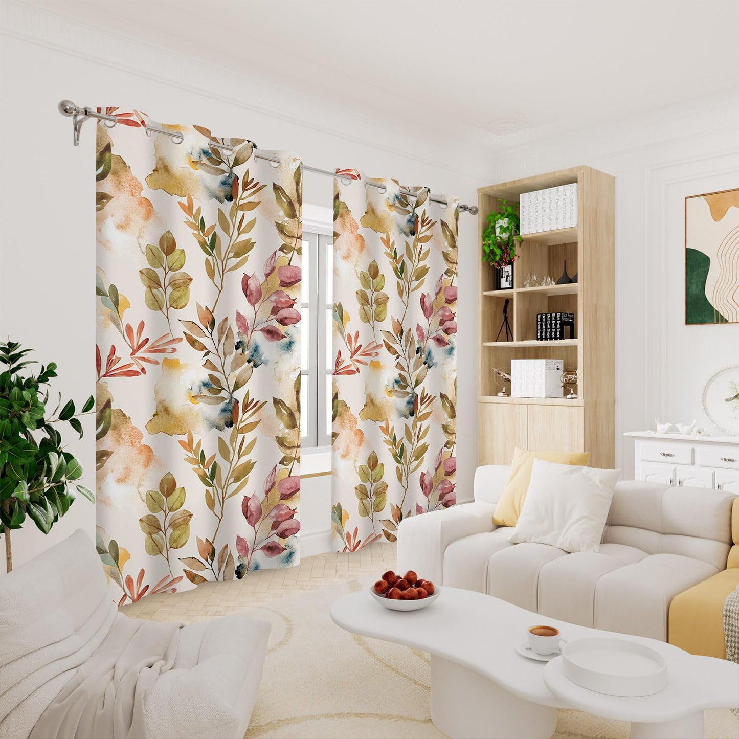 Renaiss Printed Decorative Curtains for Living Room Modern Beige Leaves Pattern Window Drapes & Curtains 2 Panels Set, Thermal Insulated Fabric Room Darkening Curtains Pretty Home Decor 53" W x 84" L