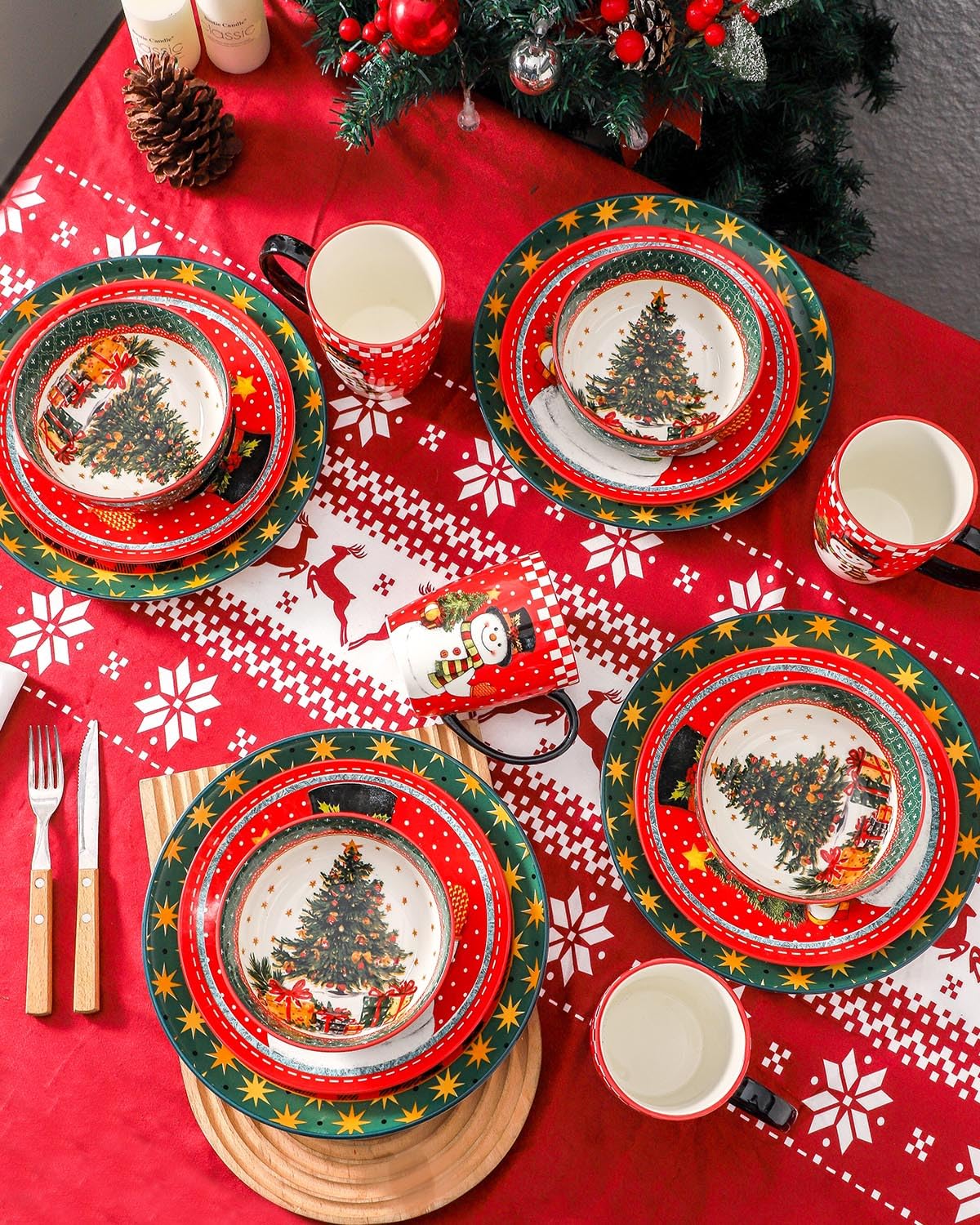 Hasense Dinnerware Set of 4, Ceramic Holiday Plates and Bowls Sets with Mugs, 16 Pieces Chip & Scratch Resistant Serving Dishes for Party Everday Use, Microwave and Dishwasher Safe