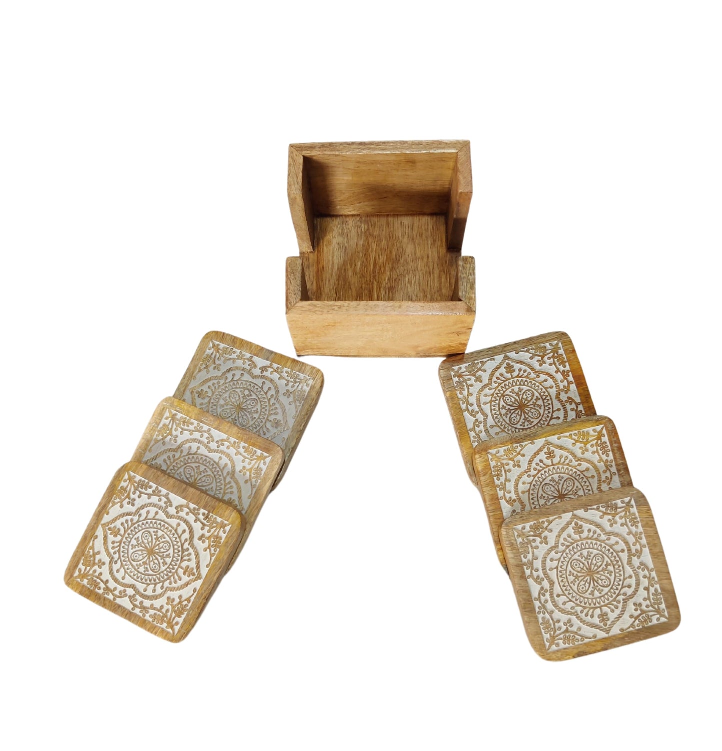 VANIYA CRAFTS® Handmade Wooden Coasters for Drinks with Holder for Coffee Table, Hot Drinks, Beverages, Housewarming Gift (Natural White Finish) (Natural White)