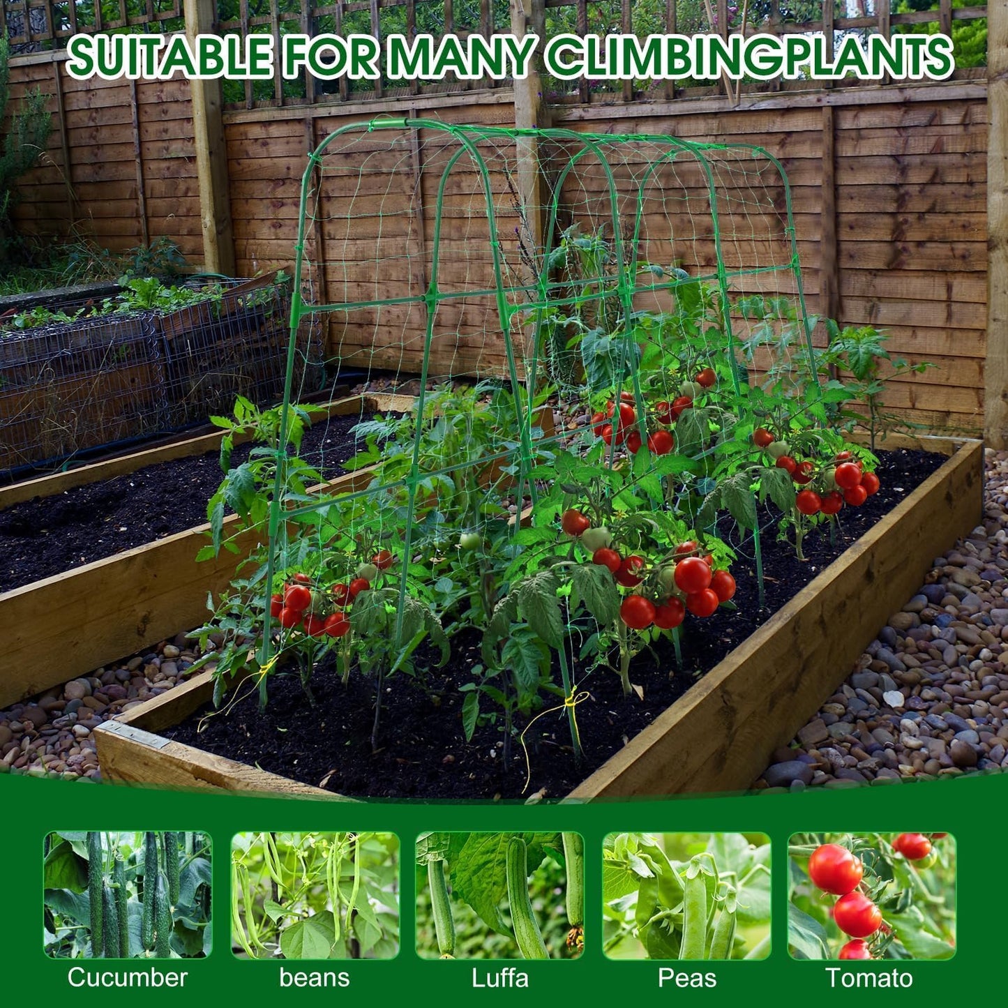 OTOSUNNY Garden Trellis for Climbing Plants Outdoor, Cucumber Trellis for Raised Bed Garden, Arch Trellis Support for Cucumbers Tomatoes Beans Peas, 50x48 inch, Metal Trellis with Netting, Green