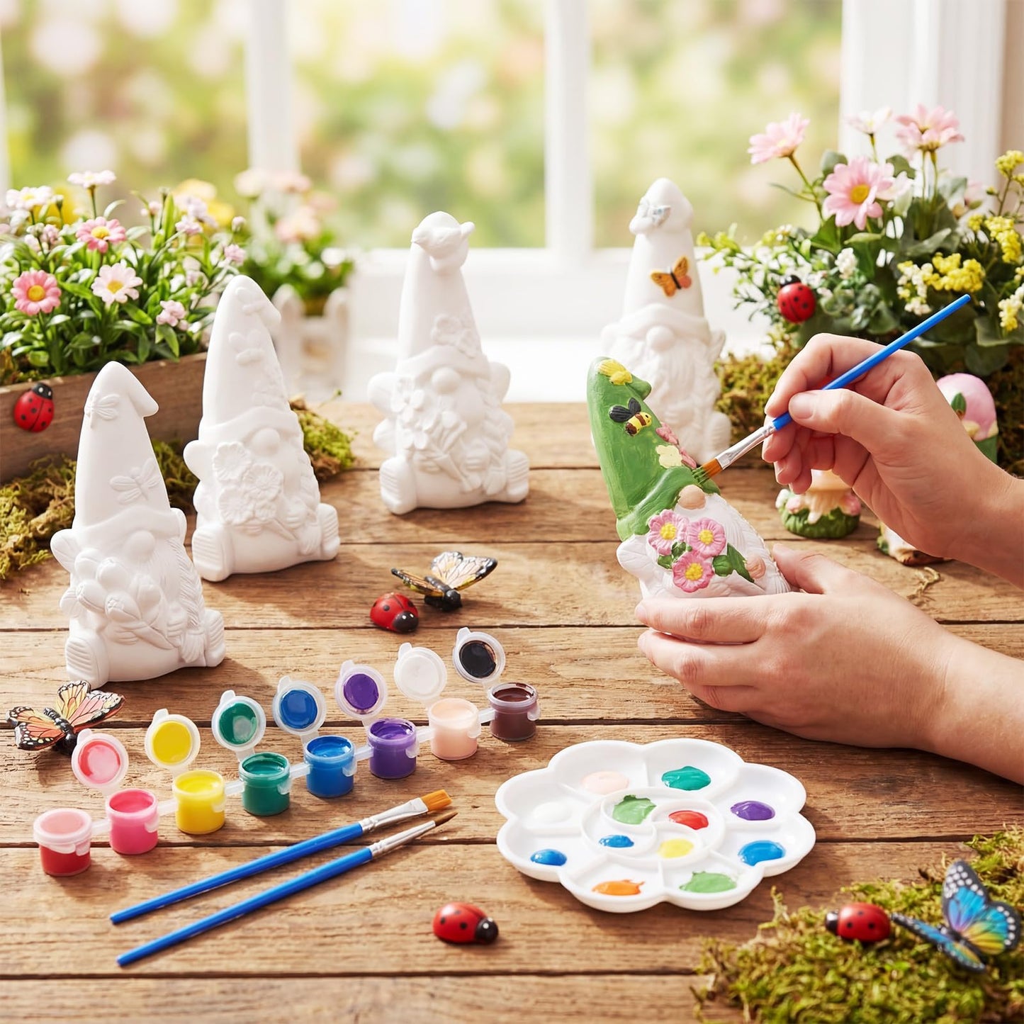 Arrowbash 6 Pcs Summer Ceramics to Paint Ready to Paint Your Own Gnome Statues 5.12 Inch Flowers Theme Paintable Figurines for Adults DIY Unpainted Ceramics Art Crafts with Brush Palette