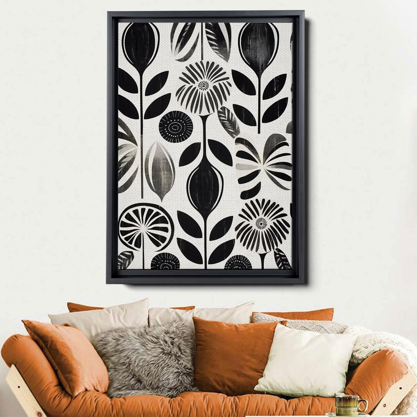 Scandinavian Folk Art, Black and Beige Abstract Botanical Wall Art for Scandinavian Home Decor