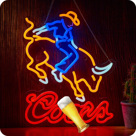 Cowboy Crs Light Neon Signs for Wall Decor Rodeo Beer LED Lights for Man Cave Bar Signs with Dimmer for Bar Pub Restaurant Store Party Gift Led Art Wall Decor, 5V USB Powered , 17*13 Inch (Orange red)