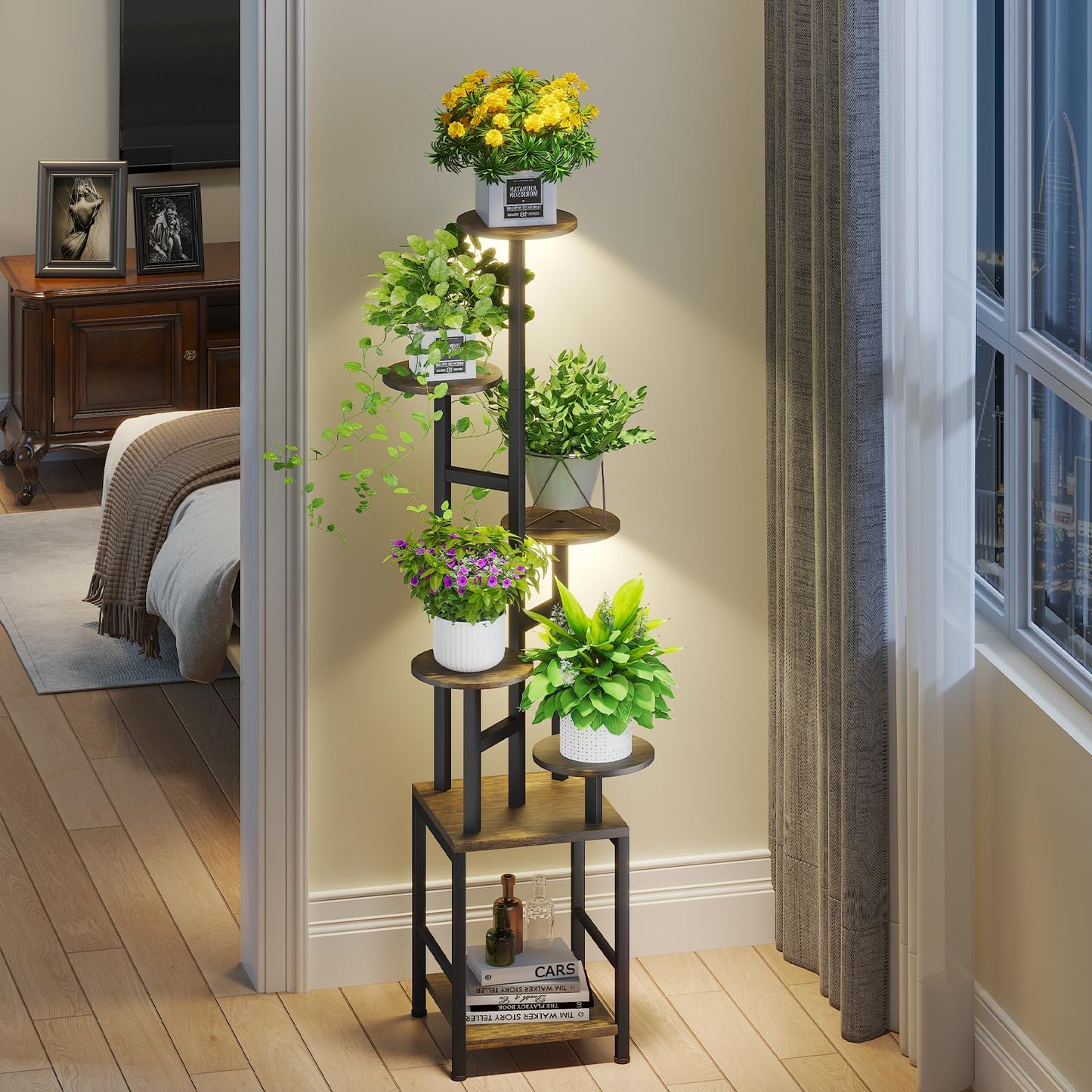Homsorout Plant Stand Indoor with Grow Light,6-Tiered Tall Plant Stand Indoor, Metal Plant Shelf with Adjustable Light, Ideal for Living Room, Garden, Patio (Black Brown)