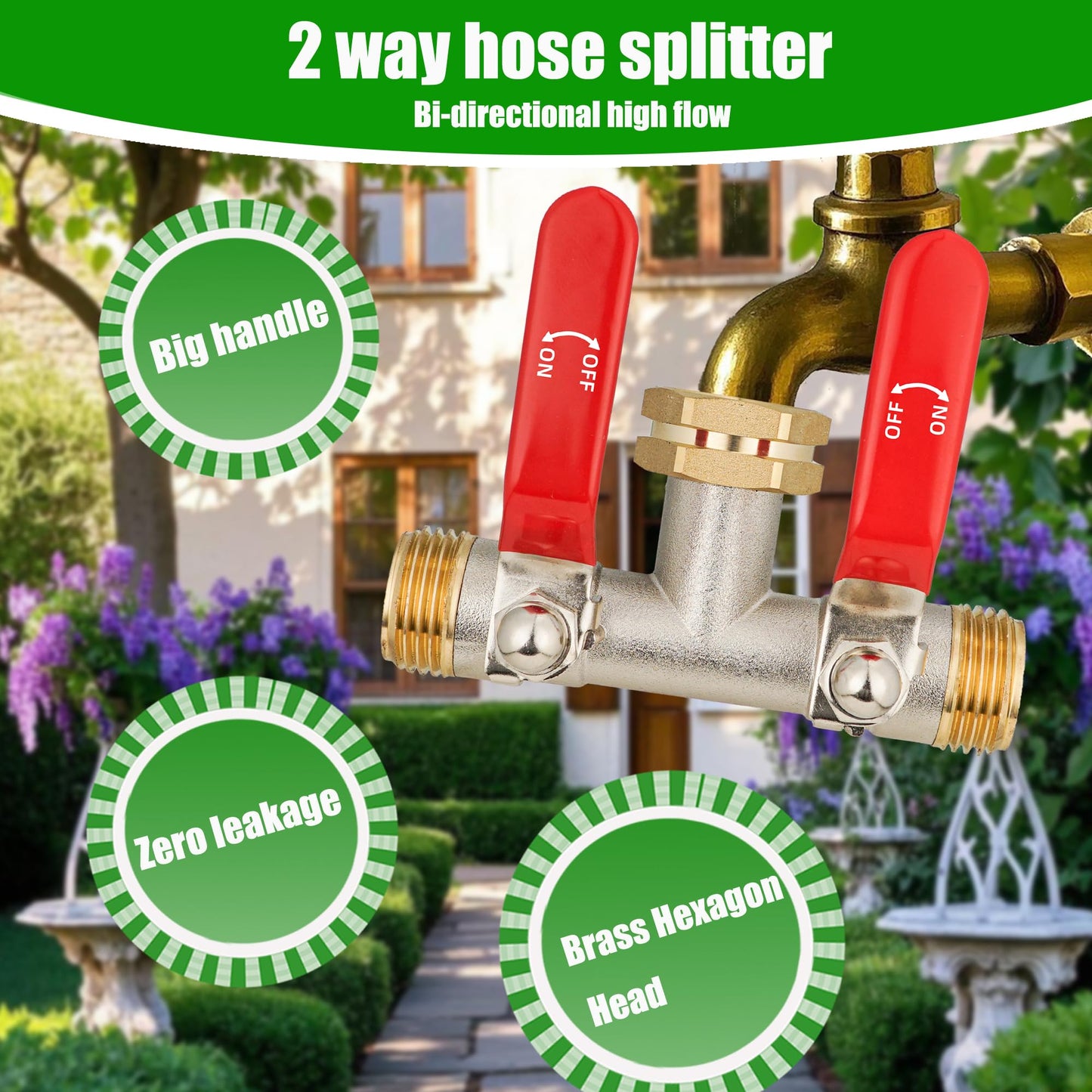 EJW Hose Splitter 2 Way, Garden Hose Splitters, 2 Way Faucet Splitter, Water Spigot Splitter, RV Brass Hose Splitter, Two way Hose Bib Splitter, Double Hose Connector, Hose Valve 3/4 Inch GHT Thread.