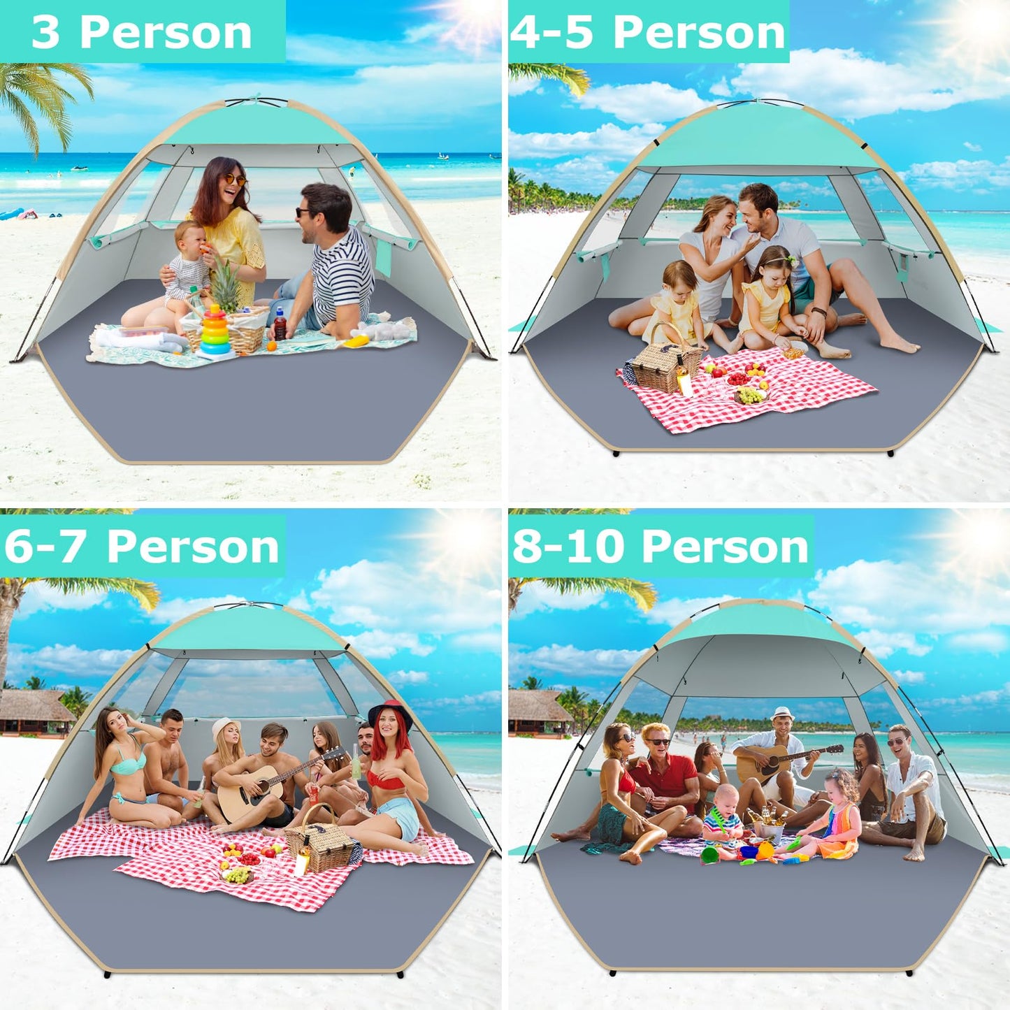 Gorich Beach Tent Sun Shelter for 3/4/6/8/10 Person with UPF 50＋ UV Protection, Lightweight & Easy Setup Beach Shade Canopy, Portable Beach Shade Tent Beach Cabana