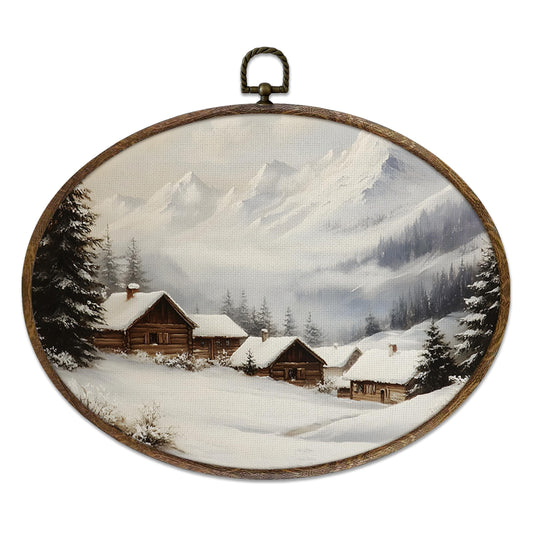 KFXHANGD Vintage Winter Scene Oval Wall Art Framed, Retro Snow Christmas Landscape Canvas Wall Art Decor, Rustic Cottage Log Cabin Hanging Decor for Farmhouse Living Room Bedroom,11.3x8.7