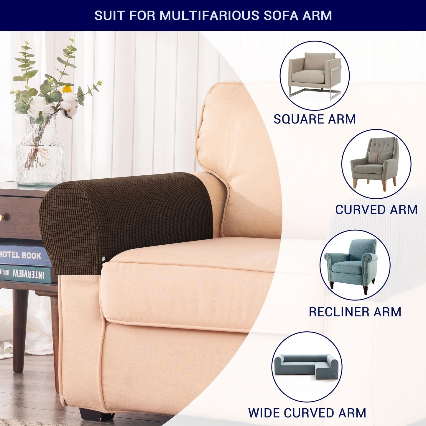 SUBRTEX Stretch Couch Arm Covers Set of 2, Checkered Sofa Arm Slipcovers, Anti-Slip Armrest Covers for Recliner and Armchairs, Pet Proof, High Stretchy, Hook & Loop Tape, Chocolate