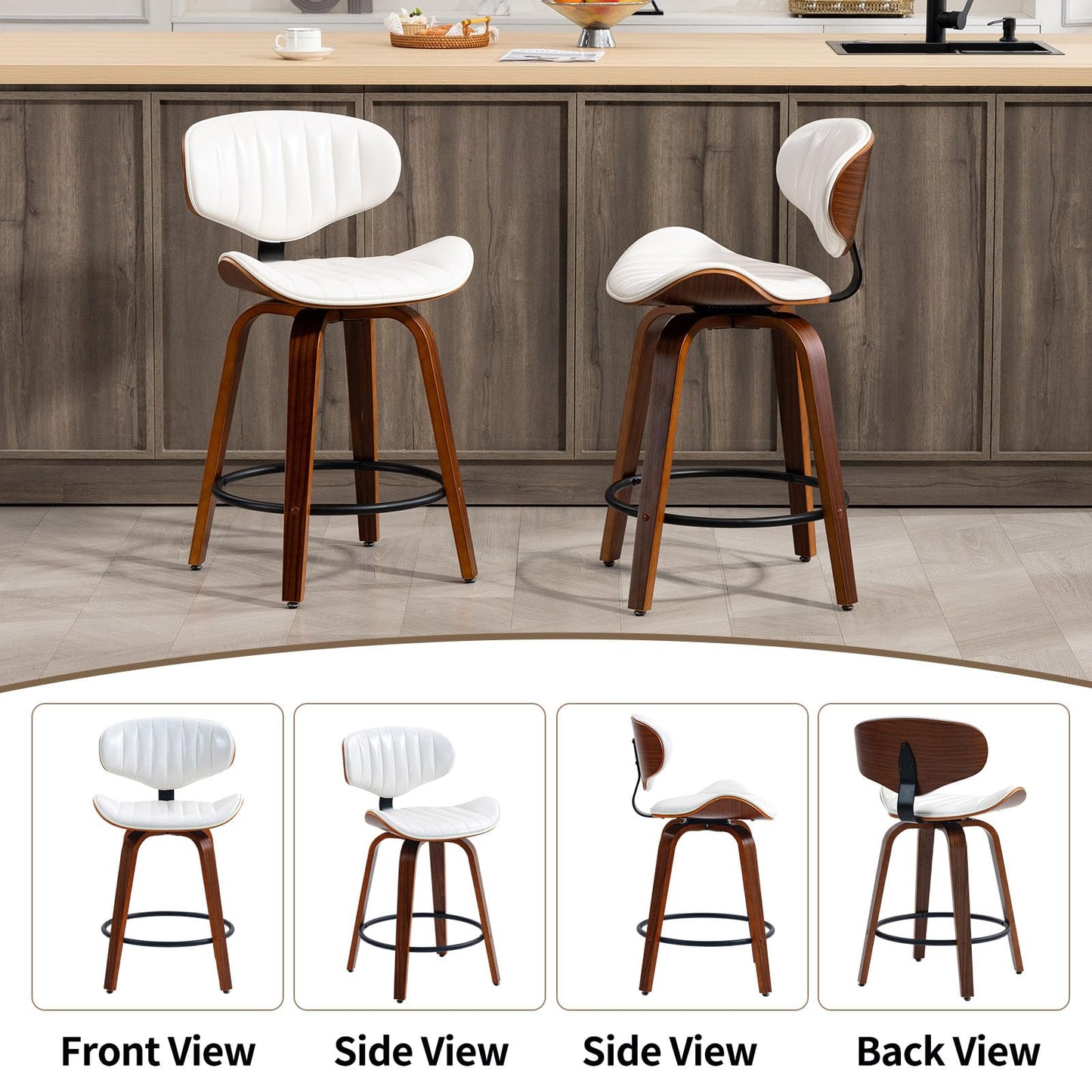 CHIDOCHILO Counter Height Bar Stools Set of 2, 24 inch PU Leather Wooden Bentwood Barstools Swivel Modern Breakfast Bar Chairs with Backrest and Footrest for Kitchen Island, Dining Room D035-White-2