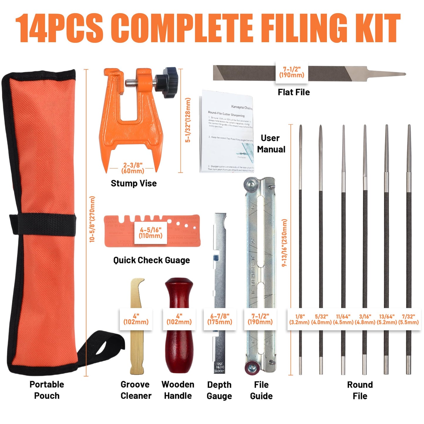 karvayna Universal Field Chainsaw File Kit, 14pcs Chain Saw File Set, 5/32" 7/32" 3/16" 1/8" 11/64" 13/64" Chainsaw Sharpening Files with Stump Vise