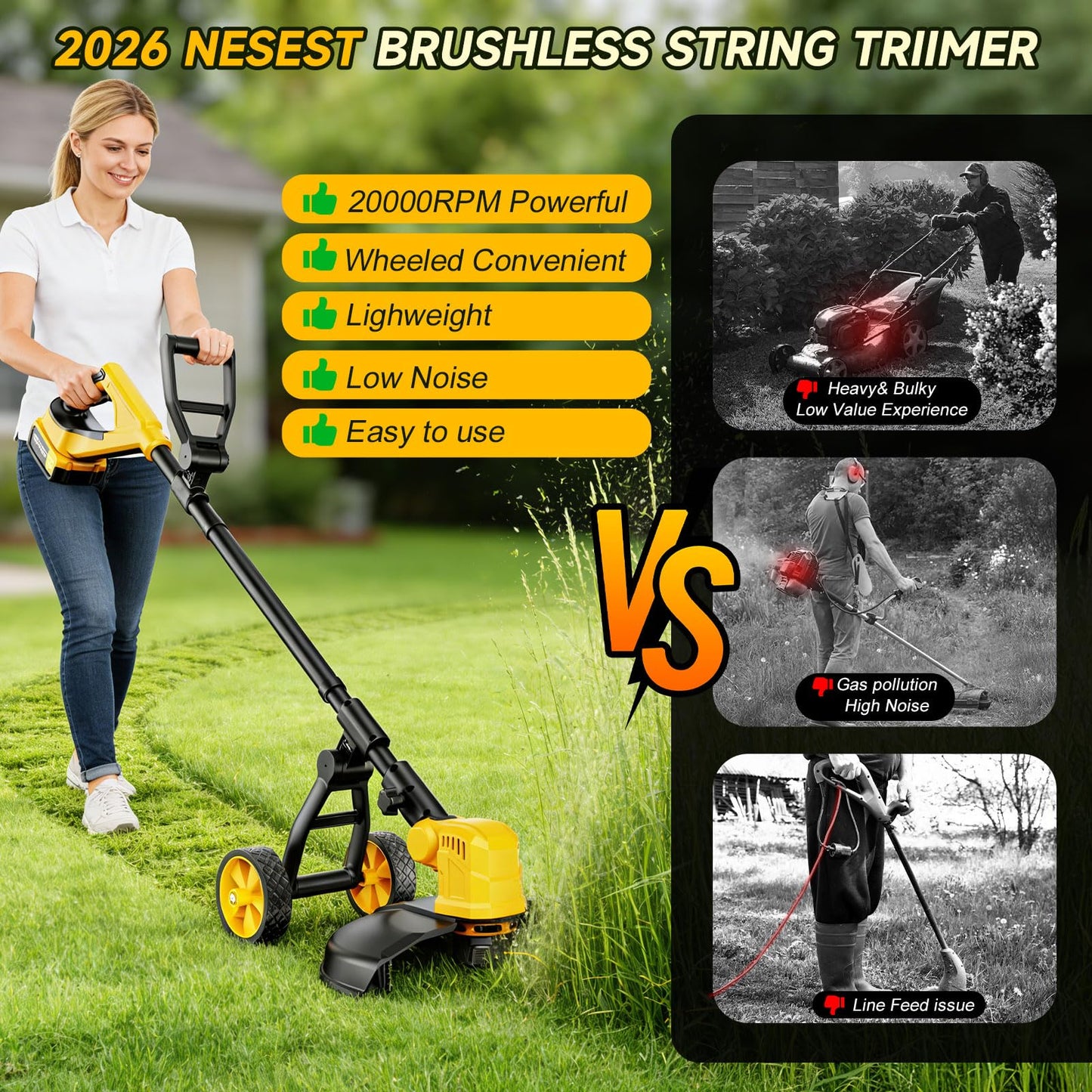 Cordless String Trimmer for Dewalt 20v Battery(Battery Not Included), 3-in-1 Weed Wacker Edger Grass Trimmer with Wheel, Lightweight Weed Eater Battery Powered w/8 Line Spools