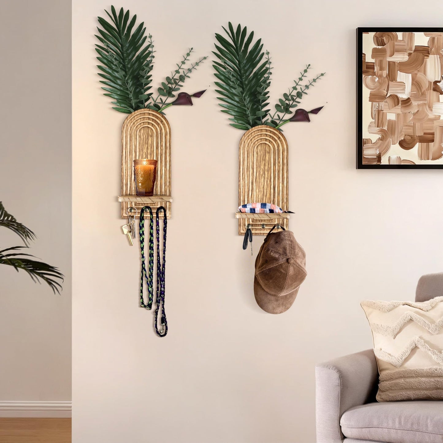 3-in-1 Wooden Wall Organizer - Planter Vase + Candle Sconces + Hooks (No Dried Flower)- Farmhouse Hanging Decor Boho Wall Art for Indoor Plants Artificial Eucalyptus for Living Room Bedroom Nature
