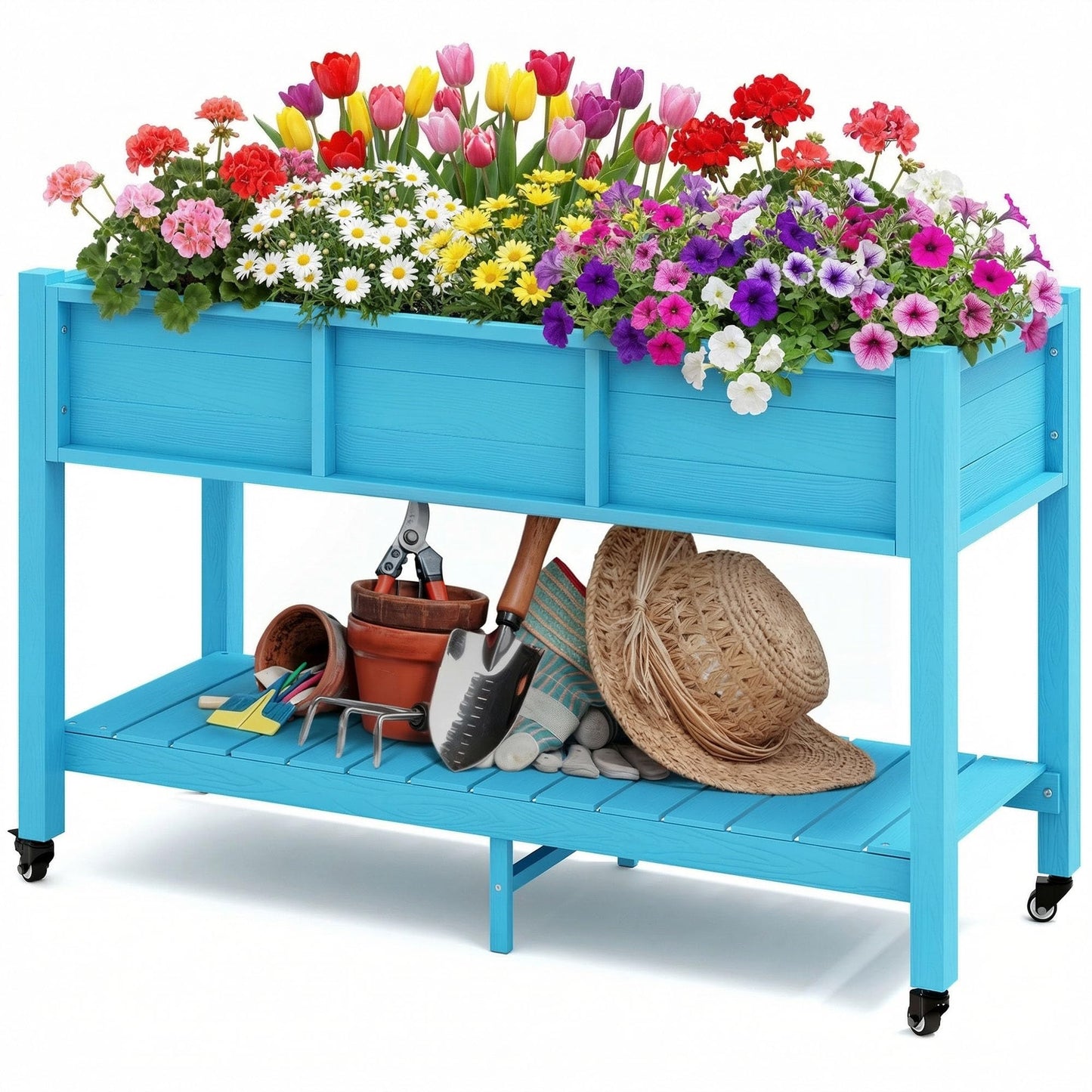 DWVO 47x18x31in Raised Garden Bed HDPE, Weather-Resistant Poly Wood Planter Box Stand, Planter Box with Legs, Storage Shelf & Lockable Wheels, Elevated Garden Bed for Backyard Patio - Aruba Blue